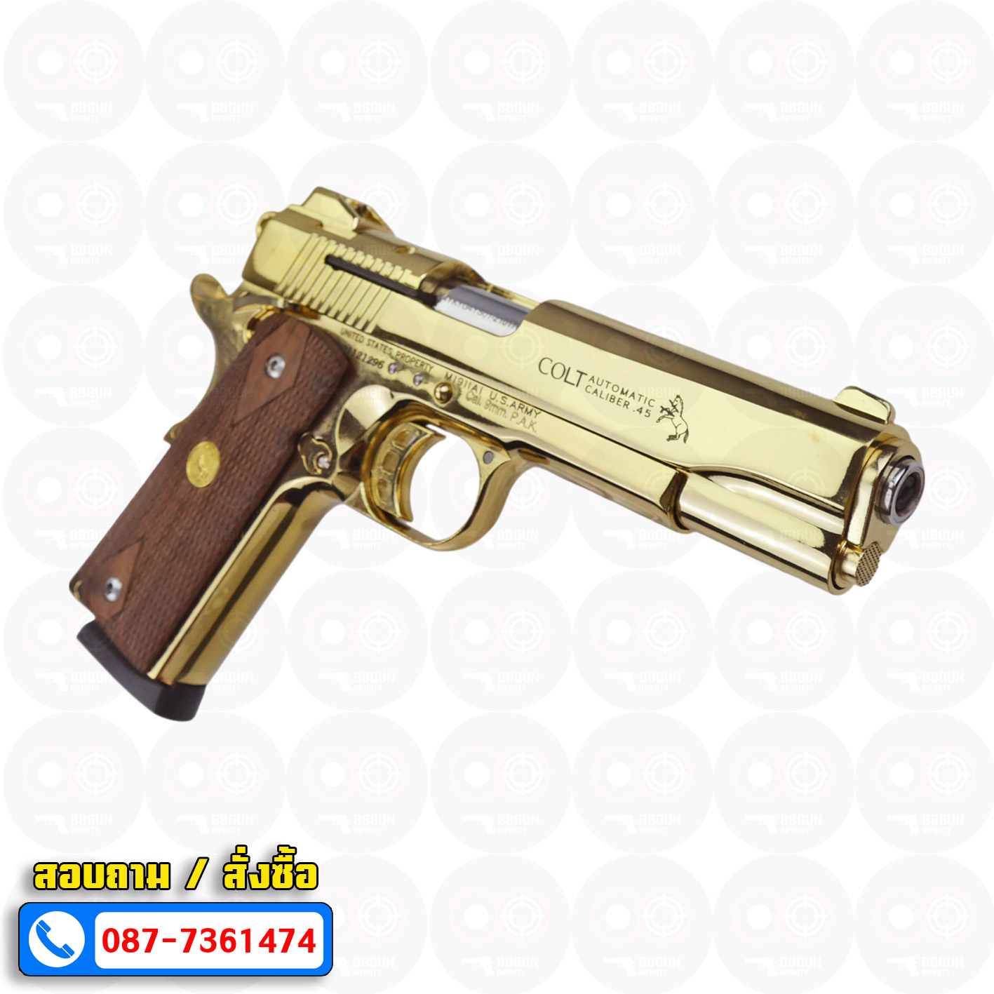 แบลงค์กัน KUZEY M1911 ลำ 5 นิ้ว COLT'S MK IV SERIES'70 blank gun สีทอง ด้ามไม้