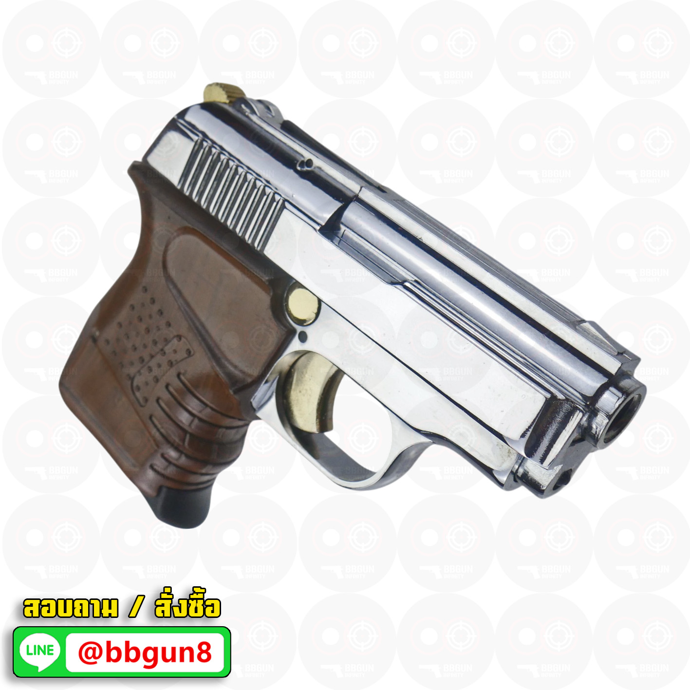 แบลงค์กัน BLOW MINI 9 สีเงินเงาไกทองด้ามลายไม้ GOLDEN PARTS WOODEN GRIPS Blank Gun ( 2 แม็กกาซีน + กล่องปืน )