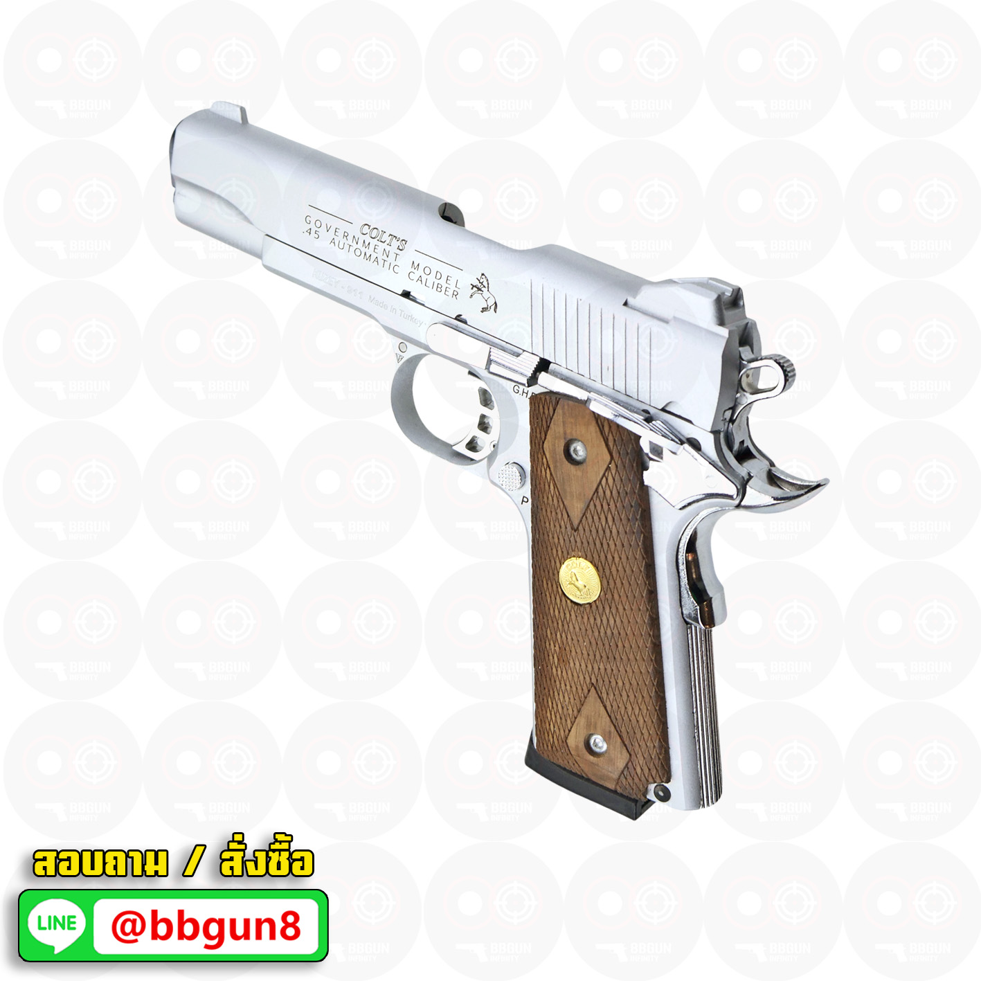 แบลงค์กัน KUZEY M1911 ลำกล้อง 5 นิ้ว COLT GOVERMENT 100 Year สีเงินด้าน blank gun ด้ามไม้