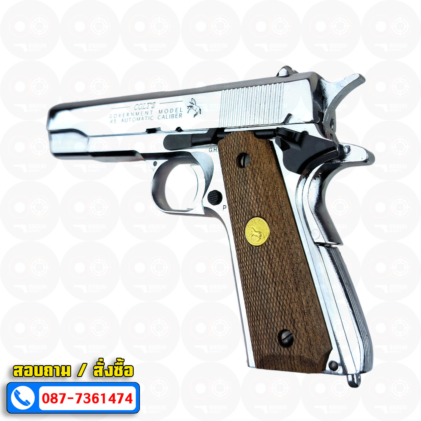 แบลงค์กัน AKSA Colt's Government Model .45 Automatic Caliber 100 Years สีเงินเงา กริปไม้ (2 แม็กกาซีน) BLANK GUN