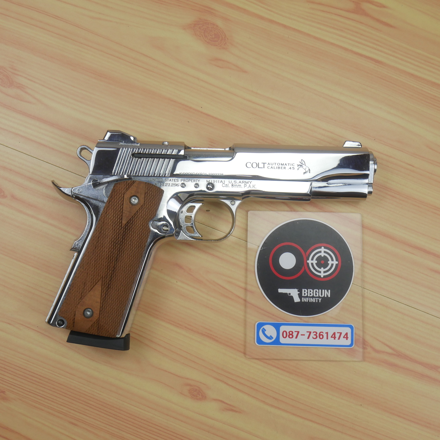 แบลงค์กัน KUZEY M1911 COLT MK IV SR70 สีเงินเงา 5 นิ้ว ด้ามไม้ blank gun