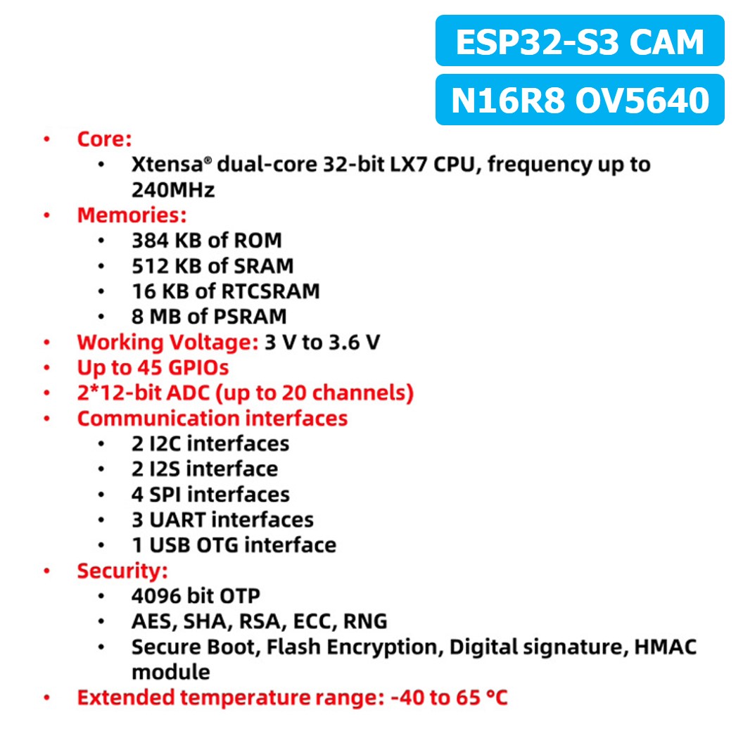 บอร์ด ESP32-S3 CAM N16R8 OV2640/OV5640 Expressif ESP32-S3 WROOM WiFi+Bluetooth Board ESP-32-S3 Camera โมดูลกล้อง