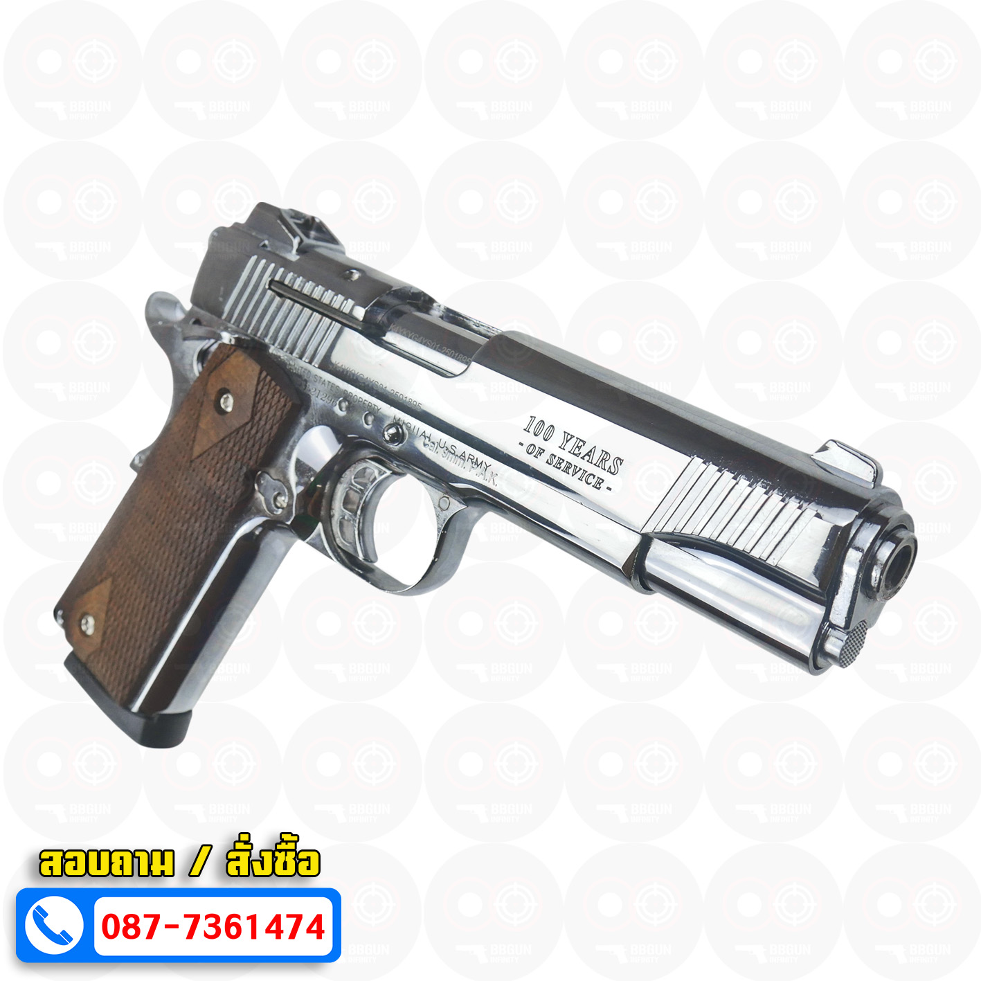 แบลงค์กัน KUZEY M1911 COLT GOVERMENT 100 Year เงินเงา 5 นิ้ว ด้ามไม้ blank gun