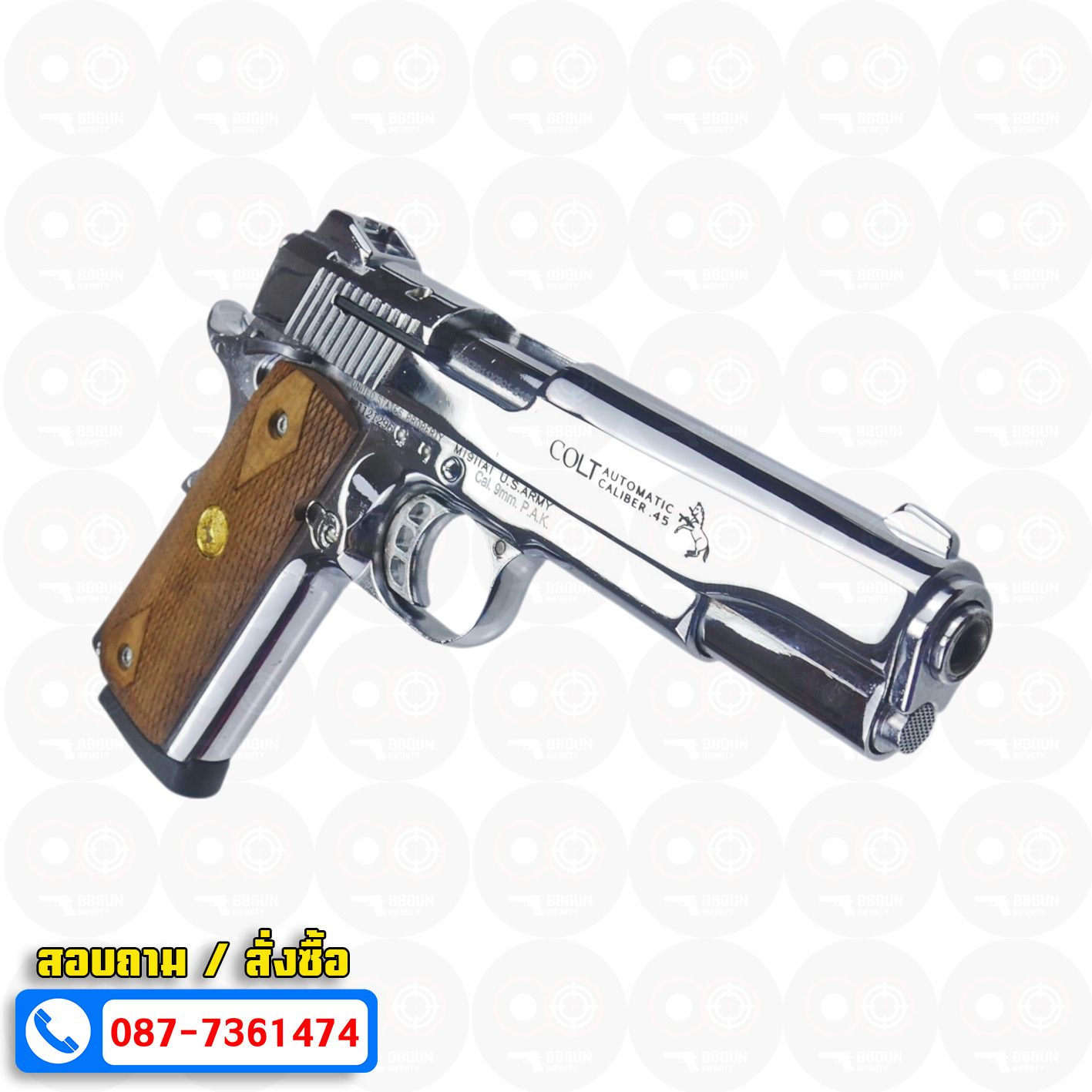 แบลงค์กัน KUZEY M1911 COLT MK IV SR70 สีเงินเงา 5 นิ้ว ด้ามไม้ (แถมกล่องใส่ปืน) blank gun