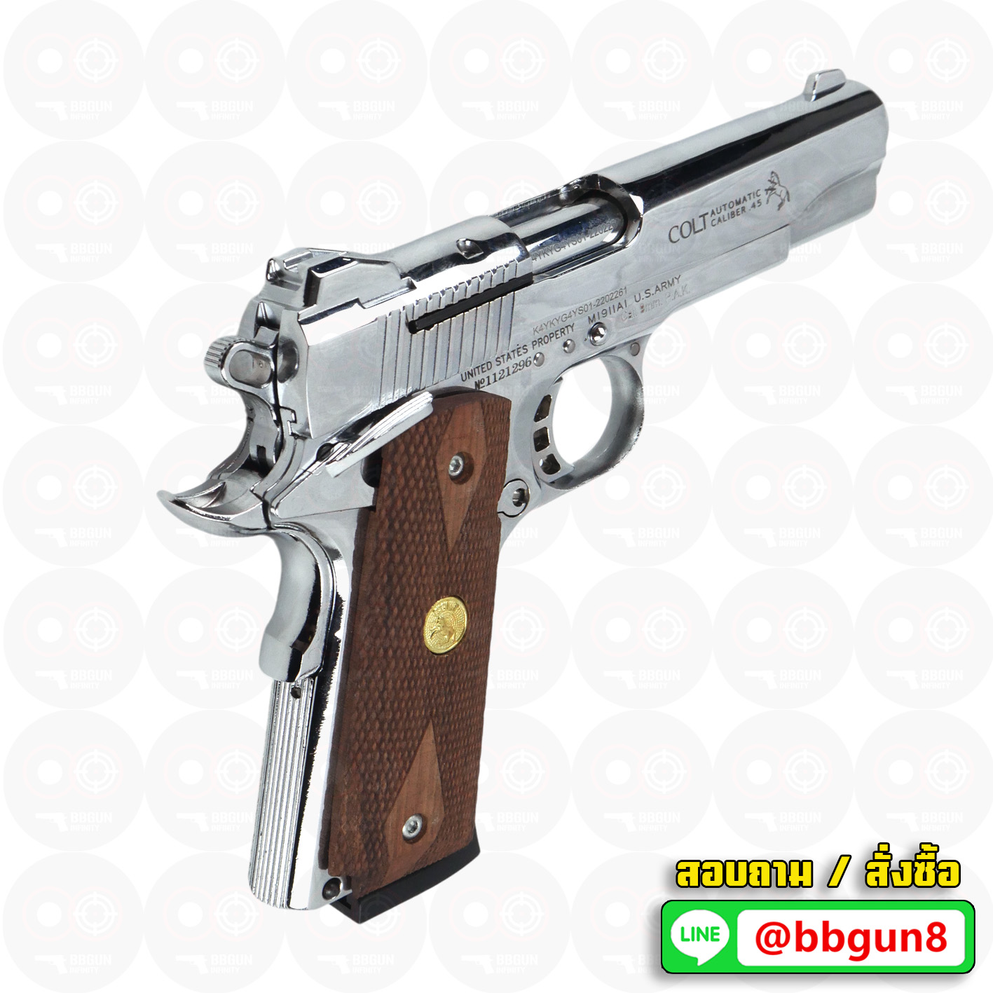 Blank Gun KUZEY M1911 COLT'S DEFENDER SERIES 90 ลำกล้อง 5 นิ้ว เงินเงา แบลงค์กัน ด้ามไม้
