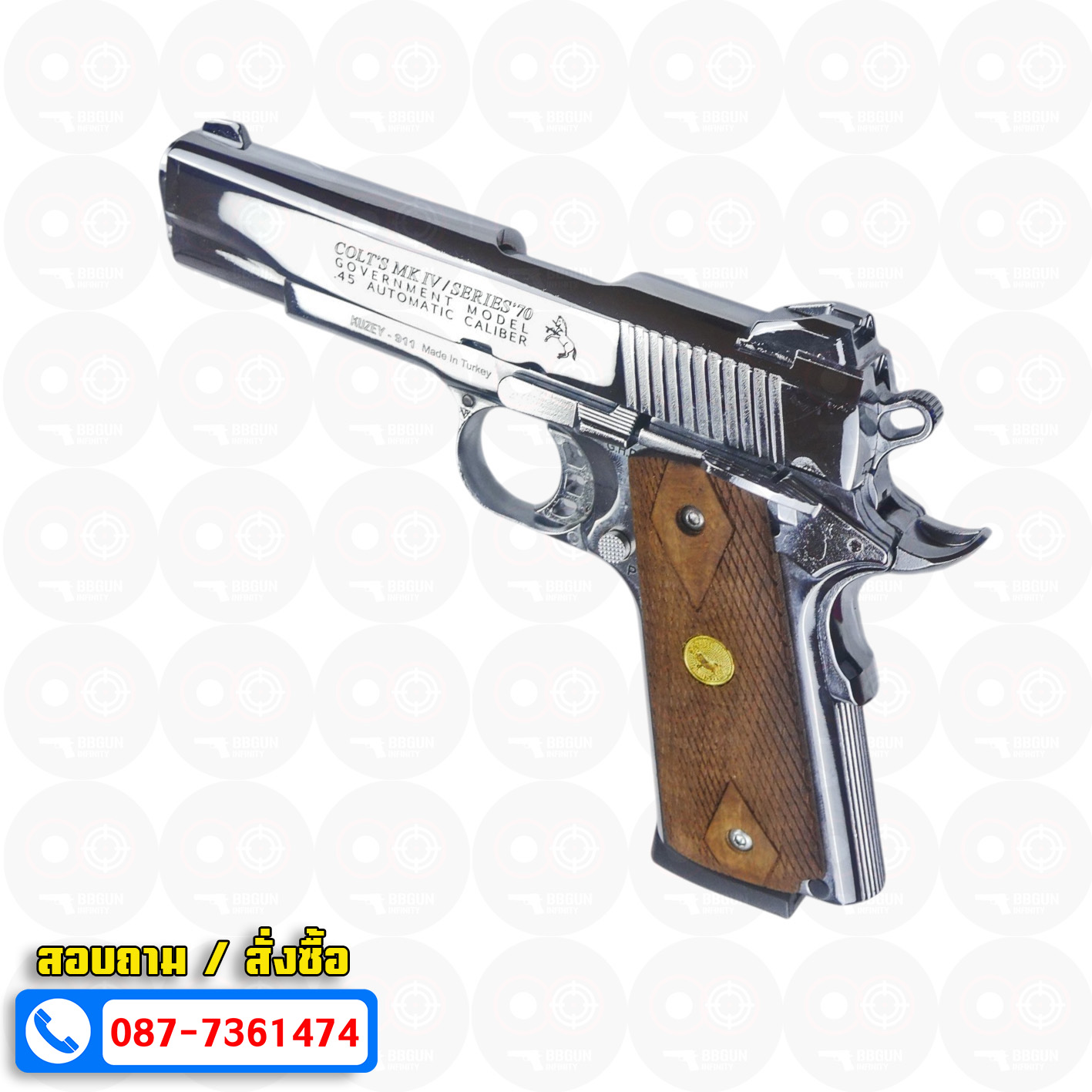 แบลงค์กัน KUZEY M1911 COLT MK IV SR70 สีเงินเงา 5 นิ้ว ด้ามไม้ (แถมกล่องใส่ปืน) blank gun
