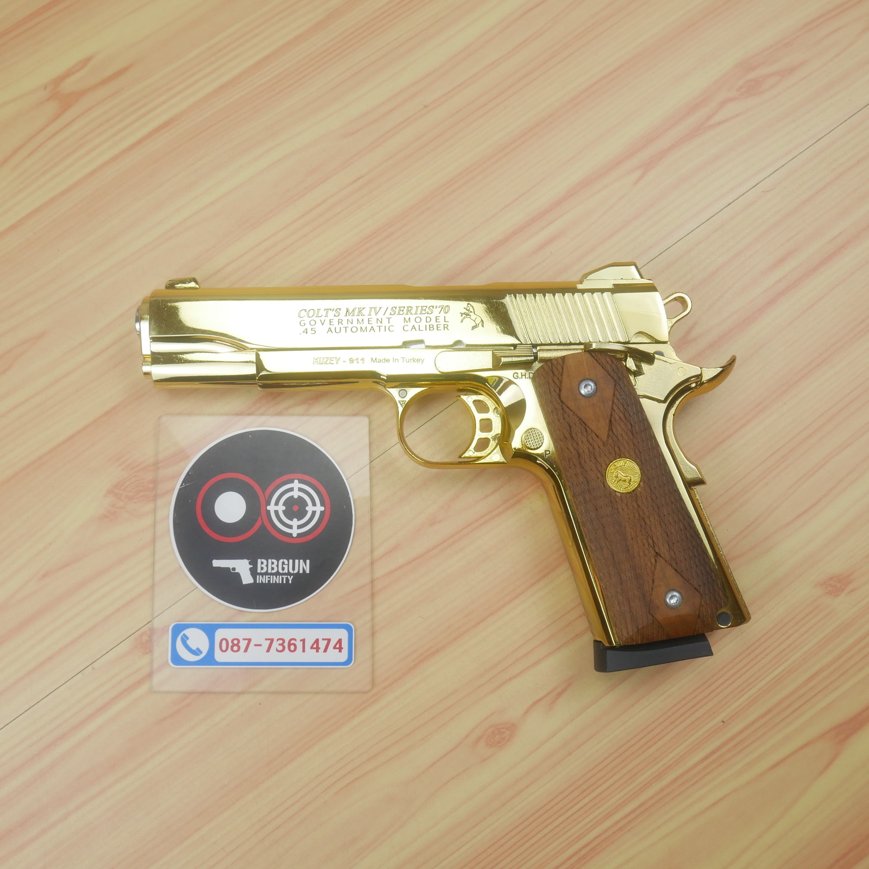 แบลงค์กัน KUZEY M1911 ลำ 5 นิ้ว COLT'S MK IV SERIES'70 blank gun สีทอง ด้ามไม้
