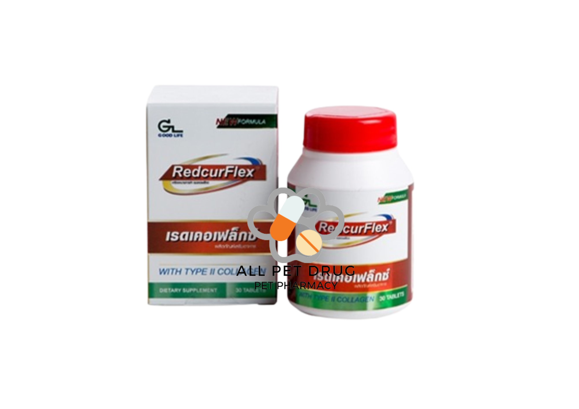 RedCurFlex (1กระปุก/30เม็ด)อาหารเสริมบำรุงข้อและกระดูก Collagen Type2,Krill oil,Turmeric สำหรับ สุนัข แมว