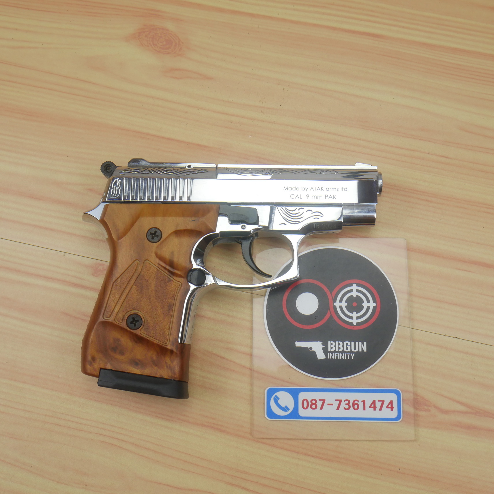 ปืนแบลงค์กัน Zoraki 914-TD Auto สีเงินเงาแกะลาย ด้ามลายไม้ 9mm P.A.K. Blank gun (แถมกล่องใส่ปืน)