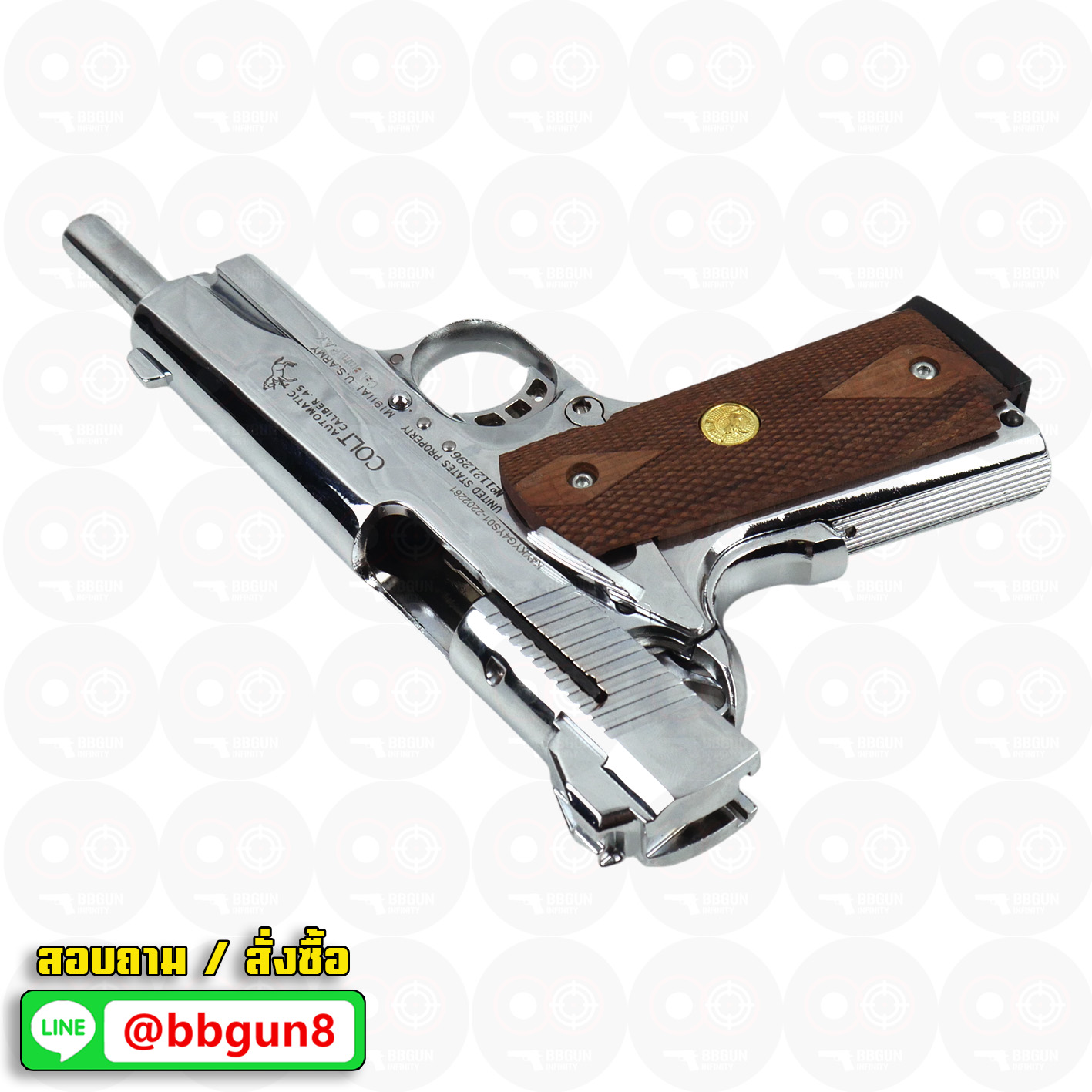 Blank Gun KUZEY M1911 COLT'S DEFENDER SERIES 90 ลำกล้อง 5 นิ้ว เงินเงา แบลงค์กัน ด้ามไม้