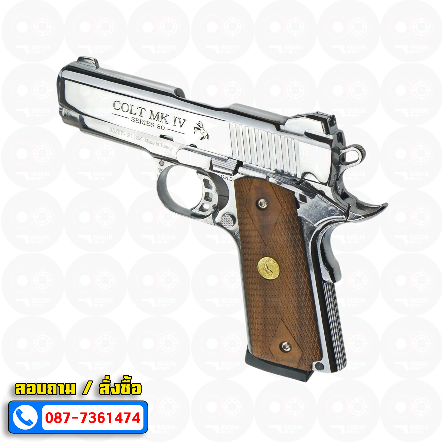 Blank Gun KUZEY M1911 COLT MK IV SERIES 80 ลำกล้อง 4 นิ้ว เงินเงา แบลงค์กัน ด้ามไม้ (แถมกล่องใส่ปืน)