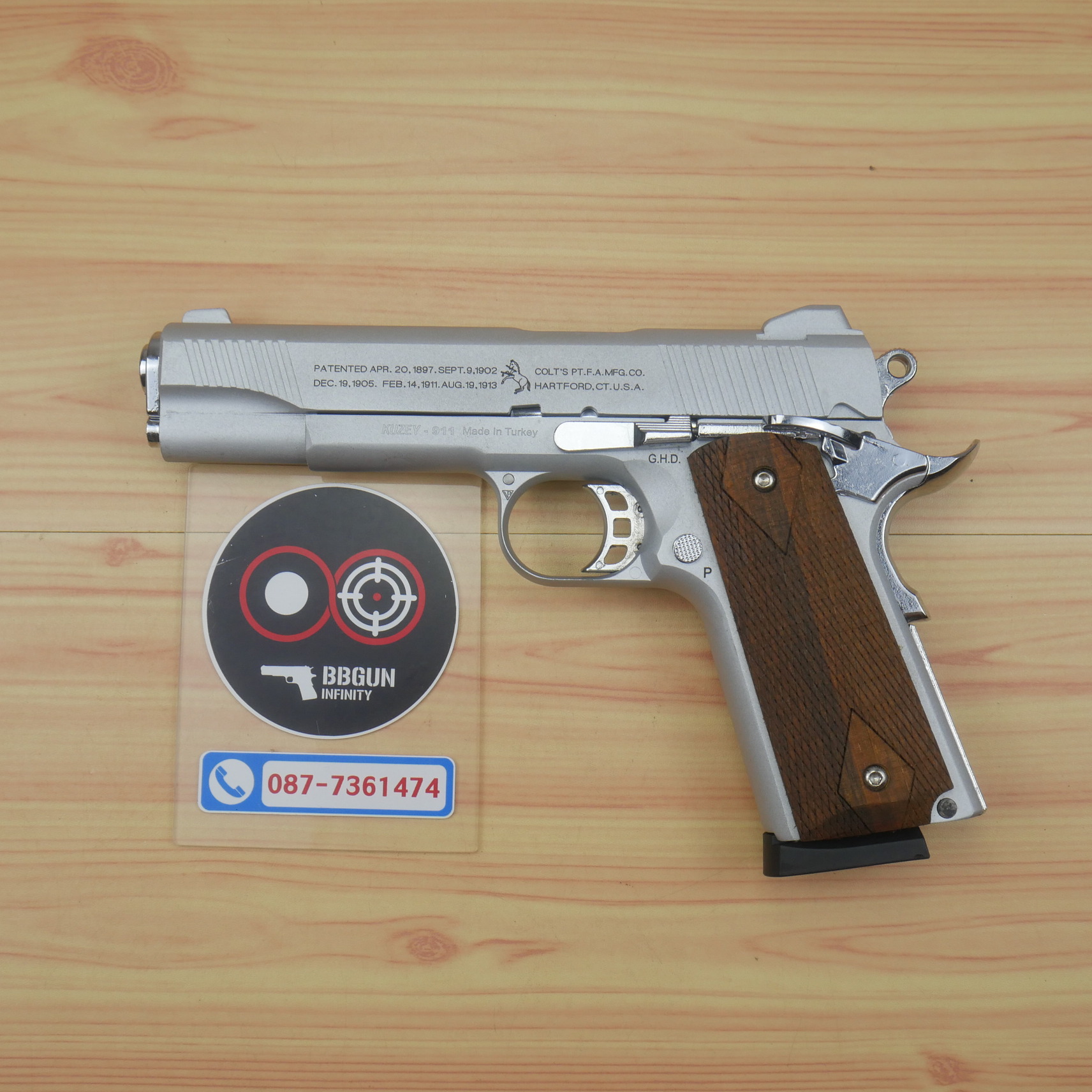 แบลงค์กัน KUZEY M1911 COLT'S 100 ปี สีเงินด้าน 5 นิ้ว ด้ามไม้ blank gun