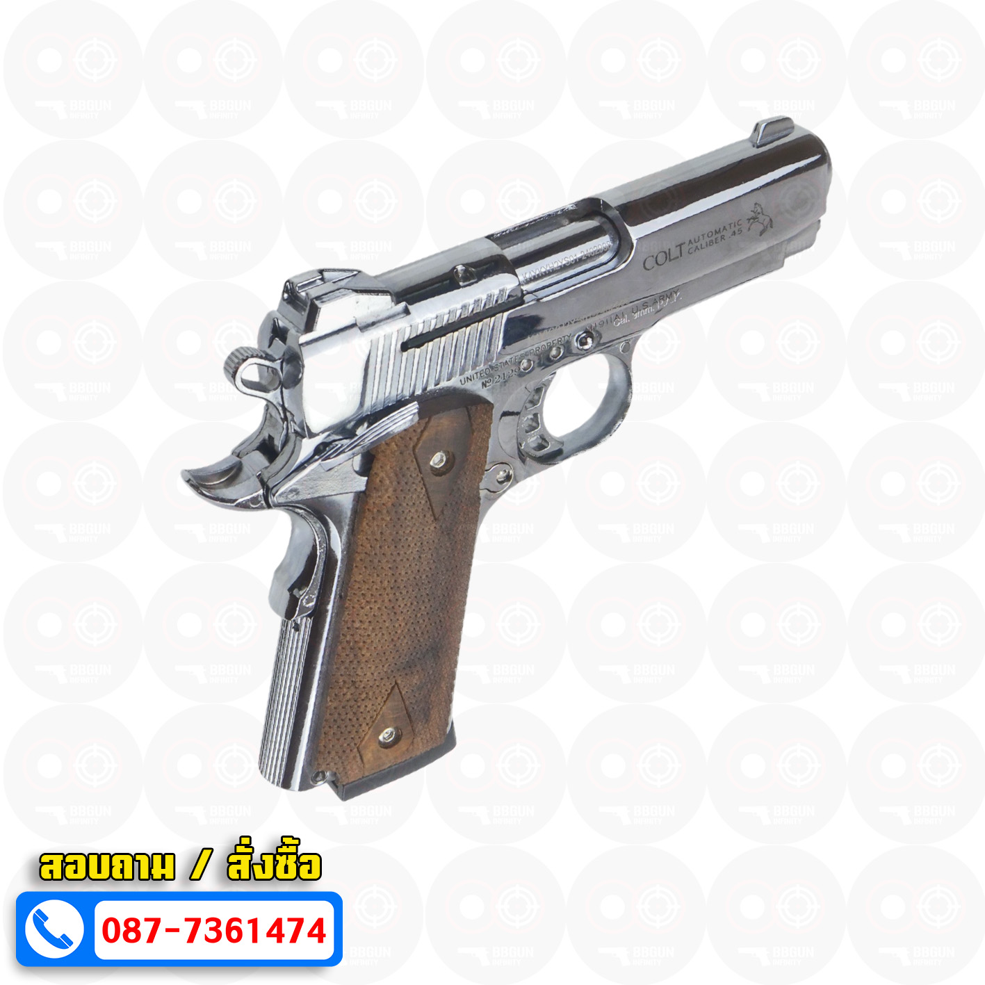 แบลงค์กัน KUZEY M1911 COLT MK IV SR70 สีเงินเงา 4 นิ้ว ด้ามไม้ blank gun
