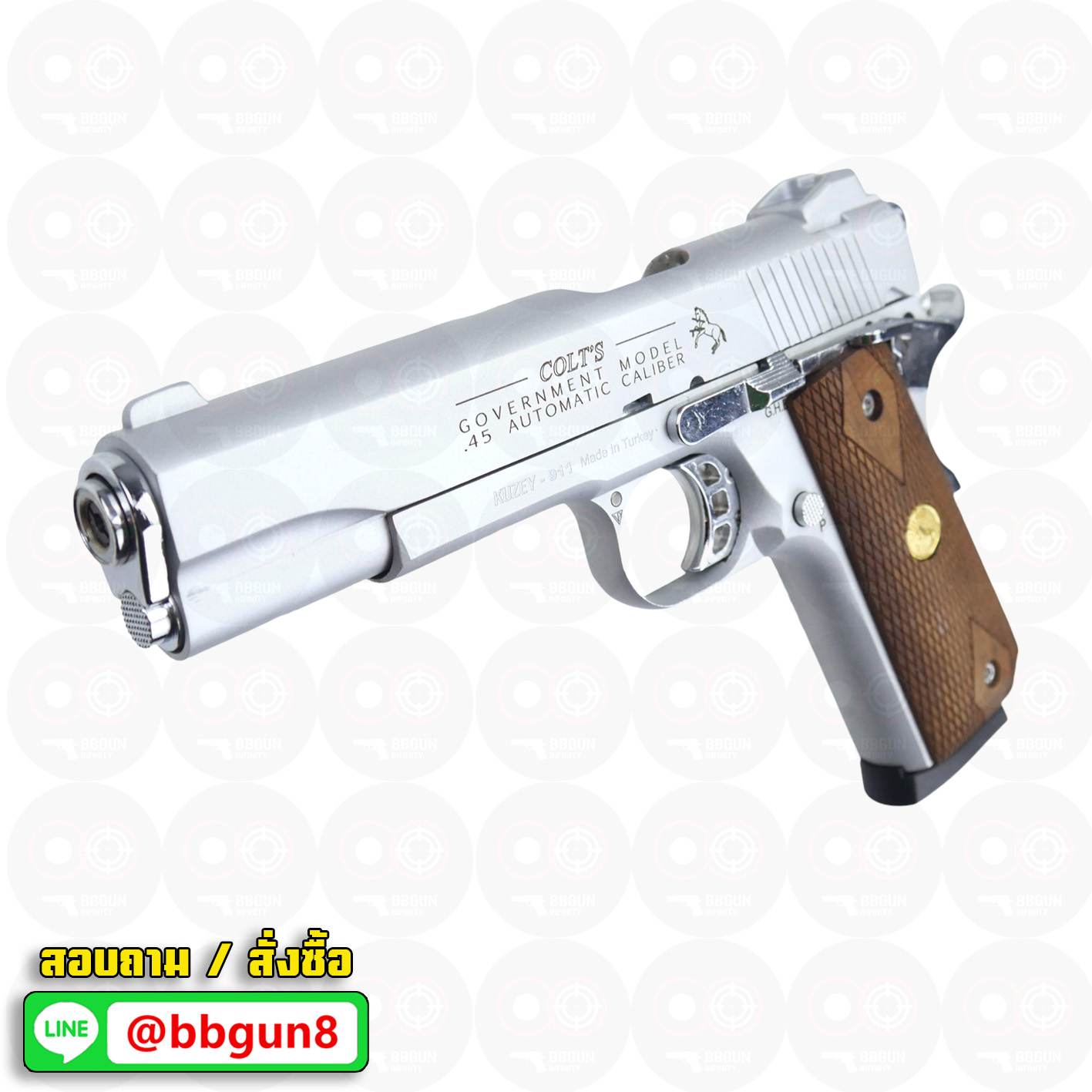 แบลงค์กัน KUZEY M1911 ลำกล้อง 5 นิ้ว COLT GOVERMENT 100 Year สีเงินด้าน blank gun ด้ามไม้