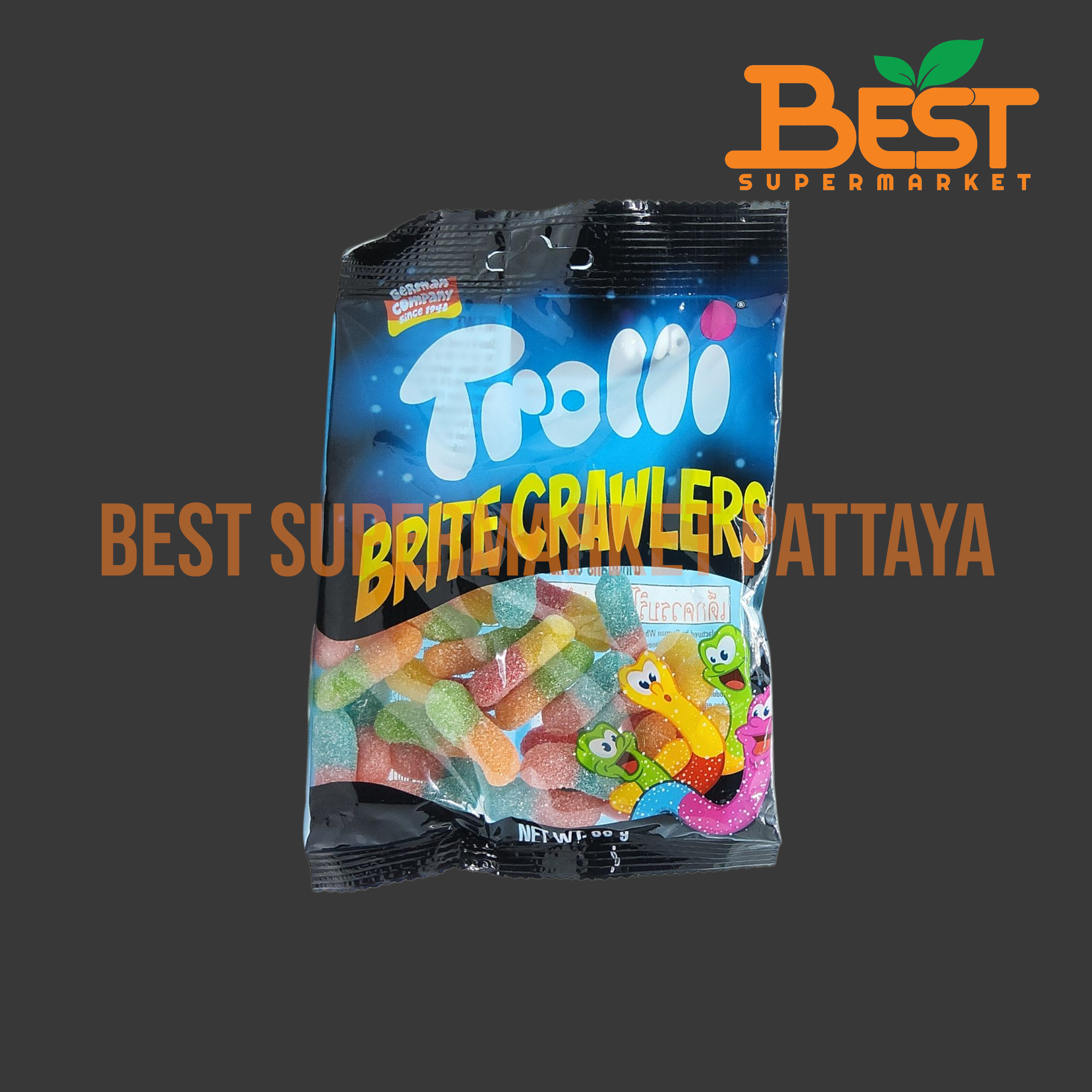 ทรอลลี่ วุ้นเจลาตินสำเร็จรูป กลิ่นผลไม้รวม รูปหนอน 80 กรัม.Trolli Britecrawlers 80g.