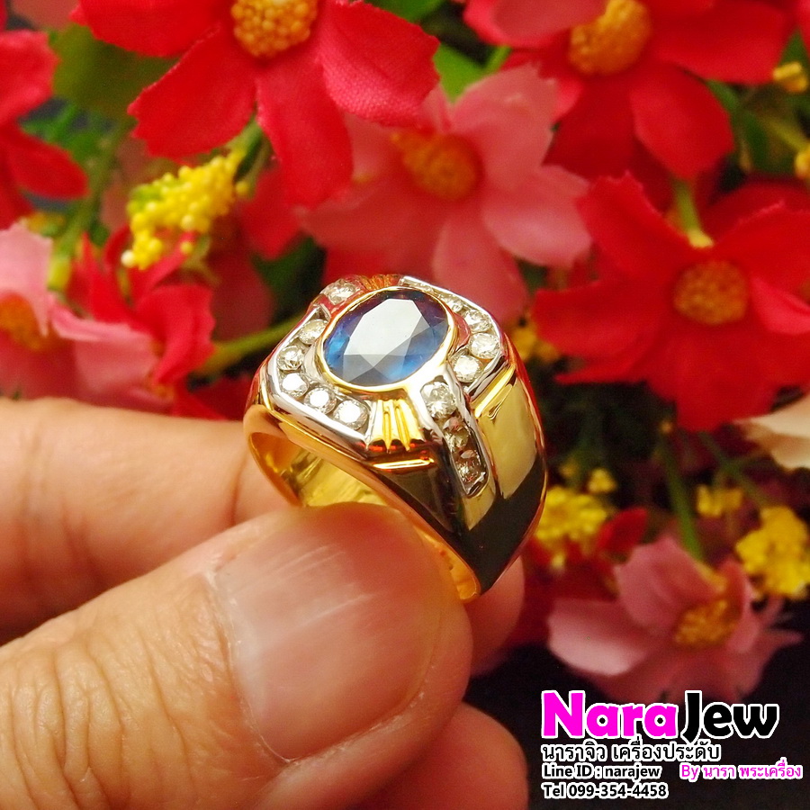 แหวนไพลินล้อมเพชรชาย สี Top รอยัลบลู Royal Blue Sapphire ล้อมเพชรแท้ พร้อมใบเซอร์สถาบันอัญมณี GBL หลุดจำนำ
