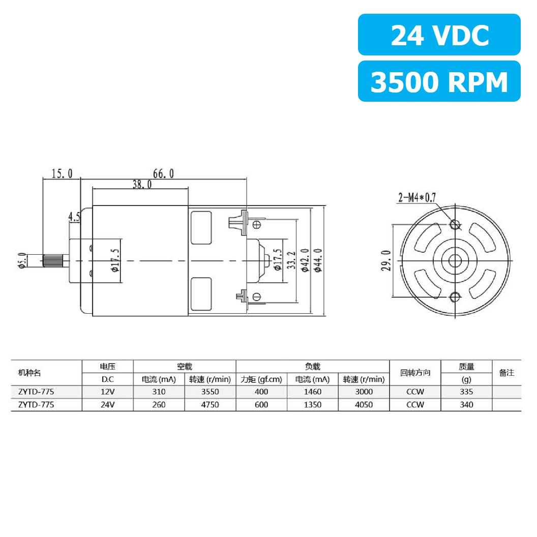 (1ชิ้น) ZTYD-775 มอเตอร์ 775 24VDC 3500RPM Motor Round Shaft มอเตอร์รอบเร็ว แกนกลม Zhengke