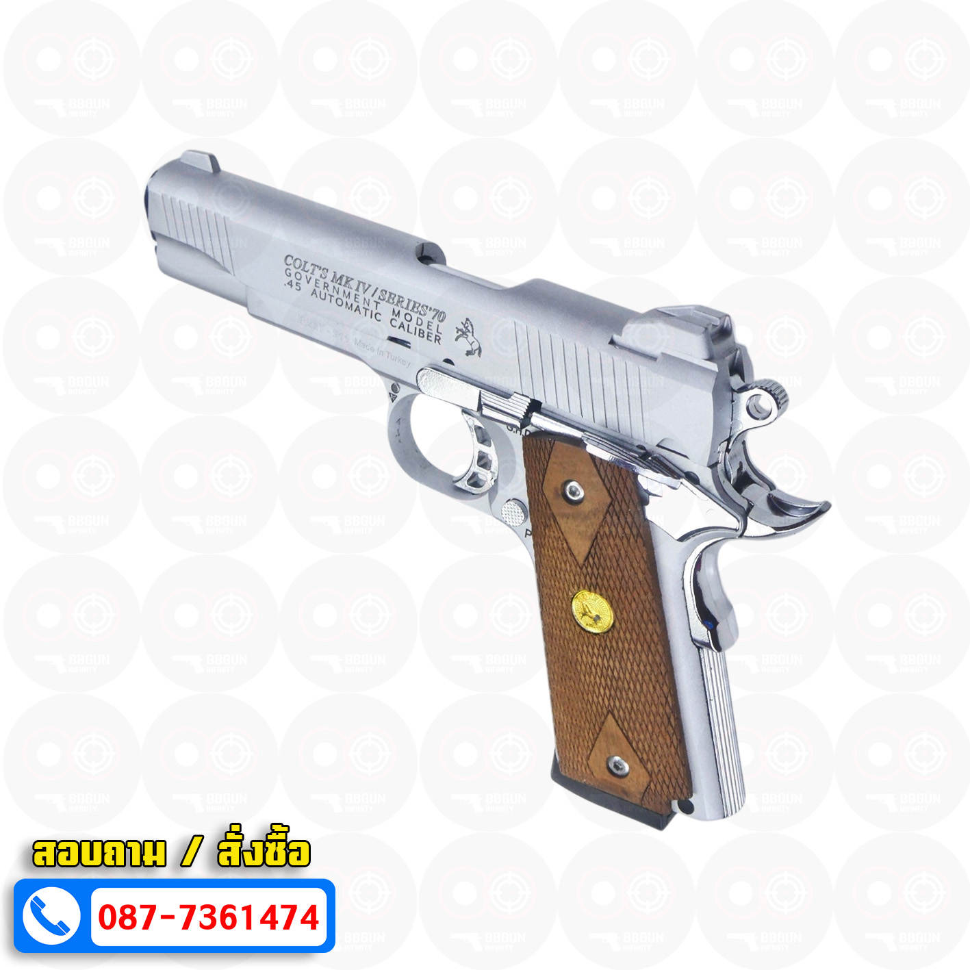 แบลงค์กัน KUZEY M1911 COLT MK IV SR70 สีเงินด้าน 5 นิ้ว ด้ามไม้ (แถมกล่องใส่ปืน) blank gun