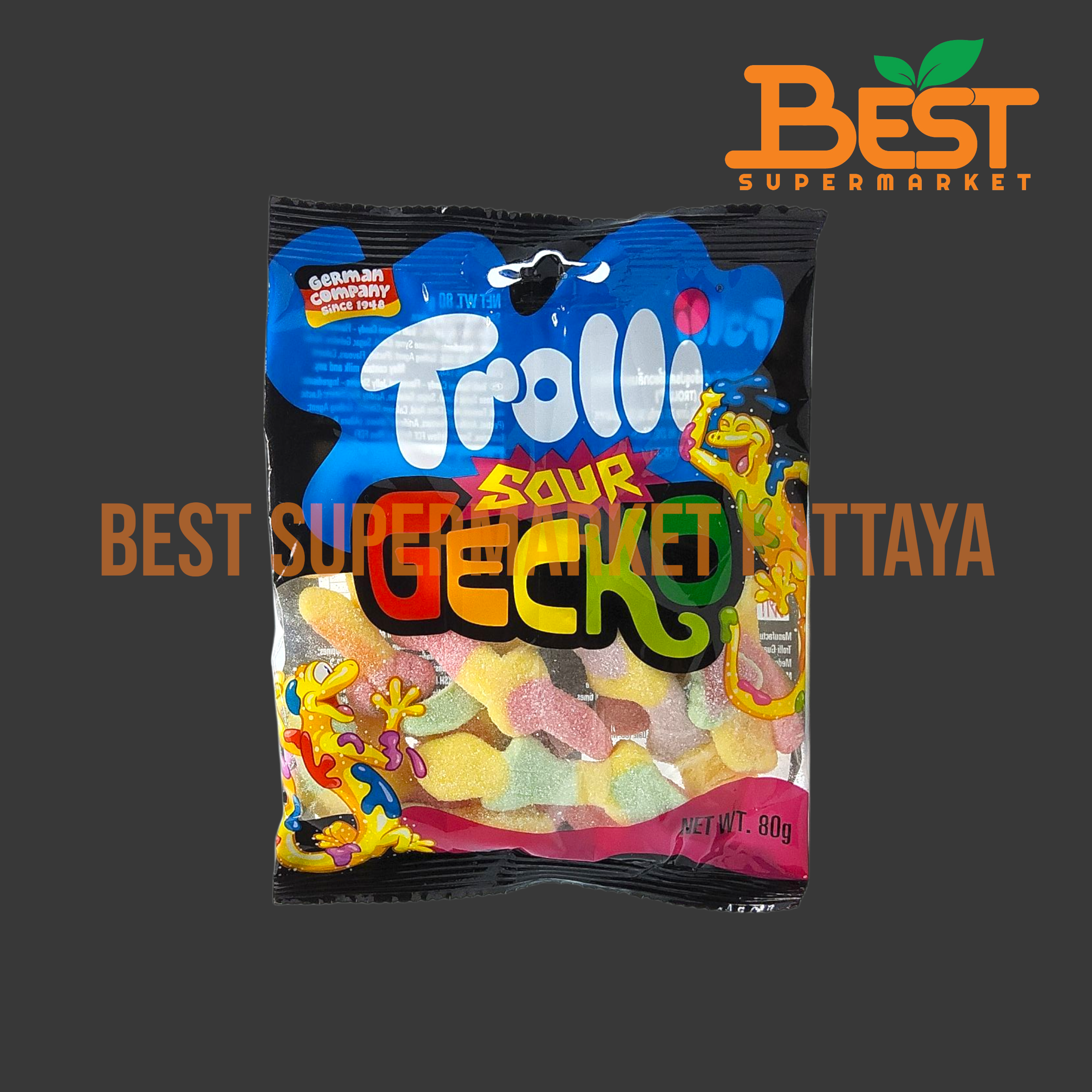 ทรอลลี่ วุ้นเจลาตินสำเร็จรูป รสเปรี้ยว กลิ่นผลไม้รวม 80กรัม. Trolli Sour Gecko 80g.