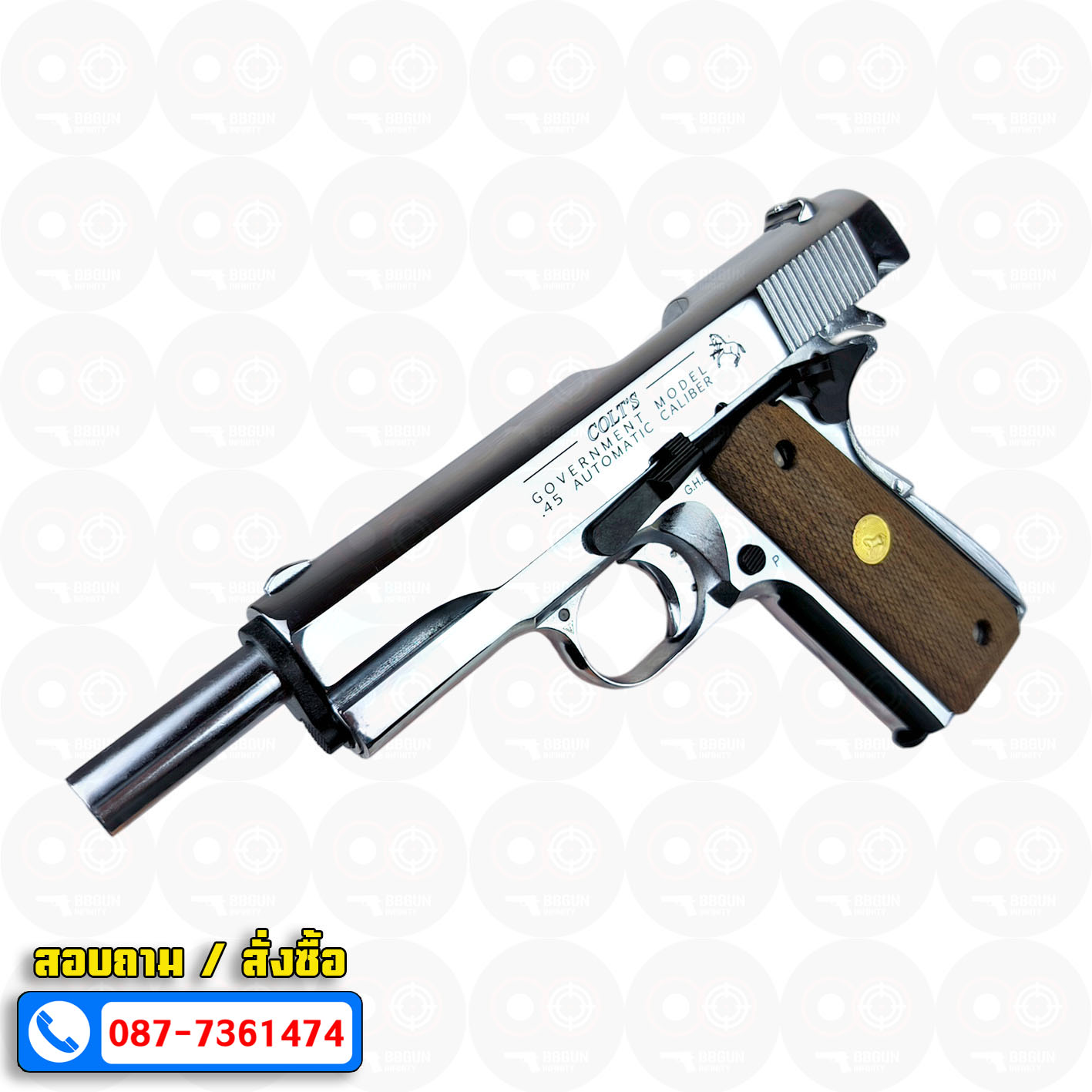 แบลงค์กัน AKSA Colt's Government Model .45 Automatic Caliber 100 Years สีเงินเงา กริปไม้ (2 แม็กกาซีน) BLANK GUN