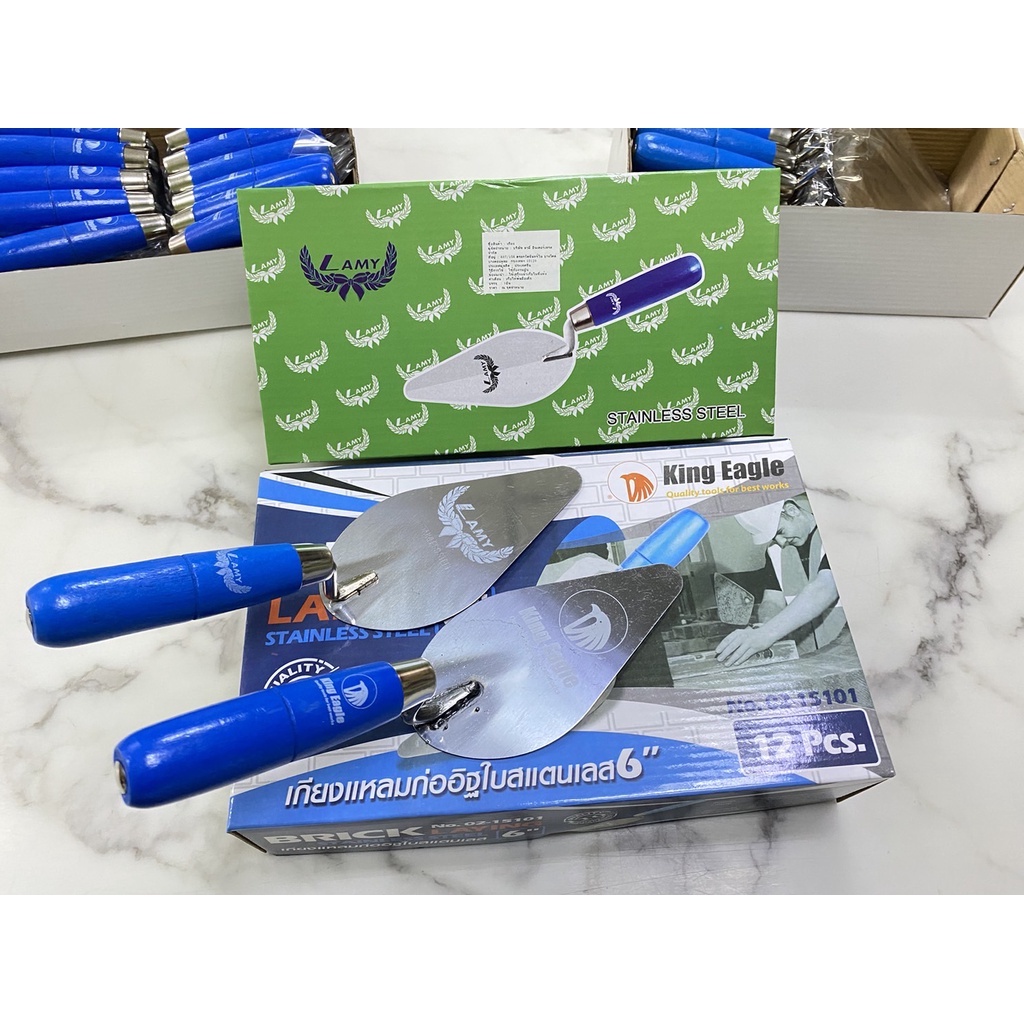 เกรียงแหลมก่ออิฐ ใบสแตนเลส ด้ามจับสีฟ้า king eagle/LAMY 6" (ราคารวมแวท)(ขายยกกล่อง 1 โหล){รหัสสินค้า0500106301}