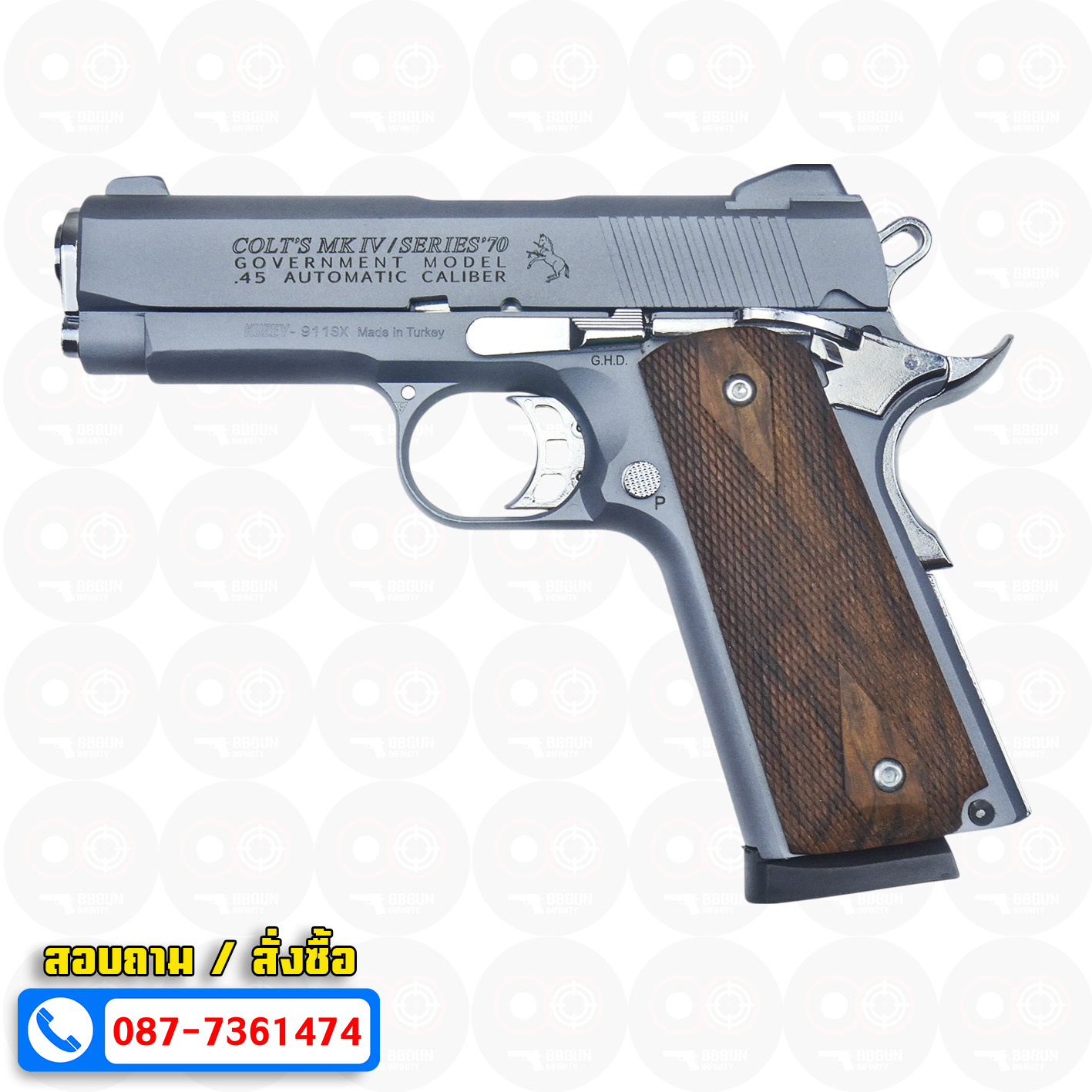 แบลงค์กัน KUZEY M1911 COLT MK IV SR70 สีสโมค 4 นิ้ว ด้ามไม้ blank gun
