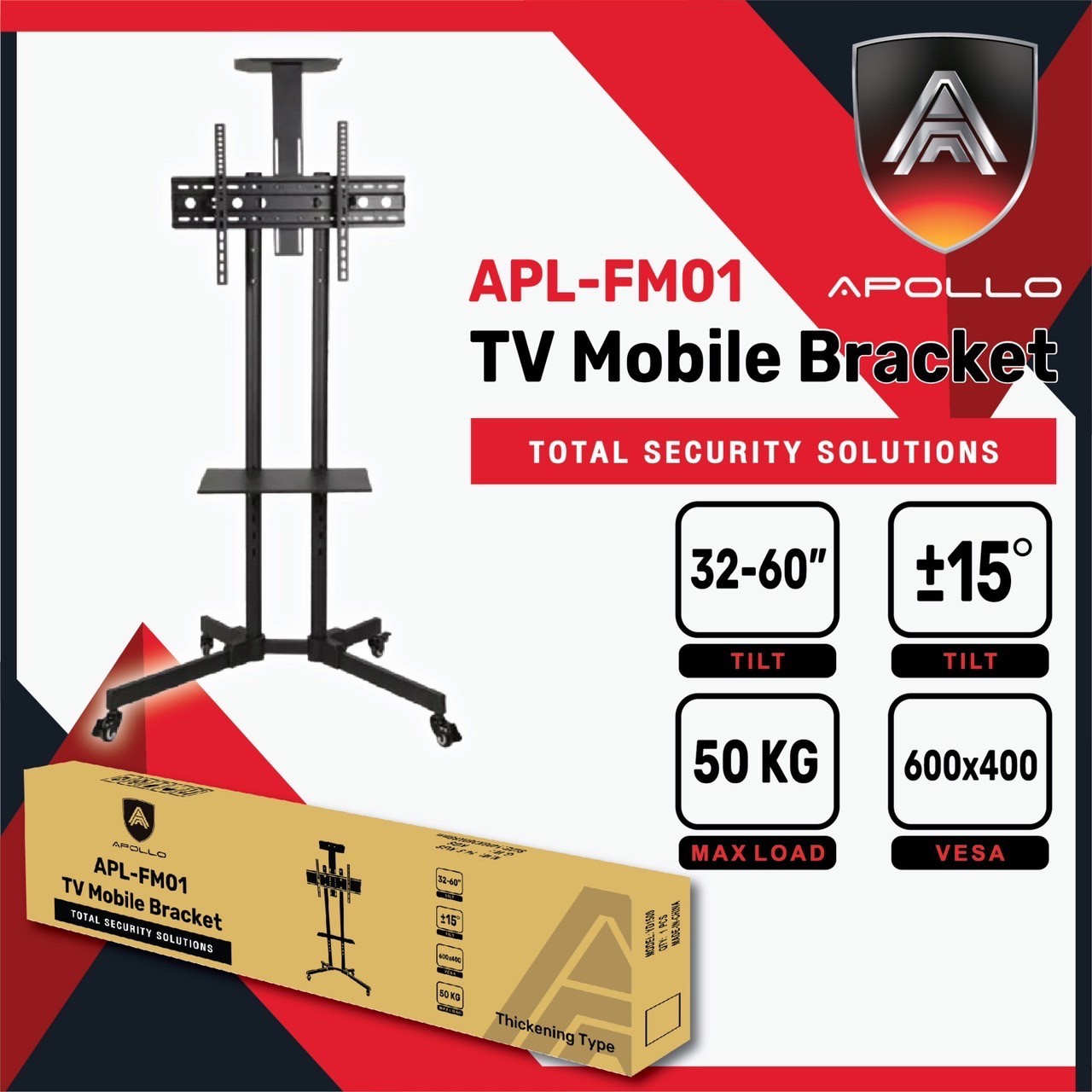 Apollo TV Mobile Bracket ขาเเขวนทีวีแบบตั้งพื้นพร้อมล้อเลื่อน ขนาด 30-60 นิ้ว รุ่น APL-FM01