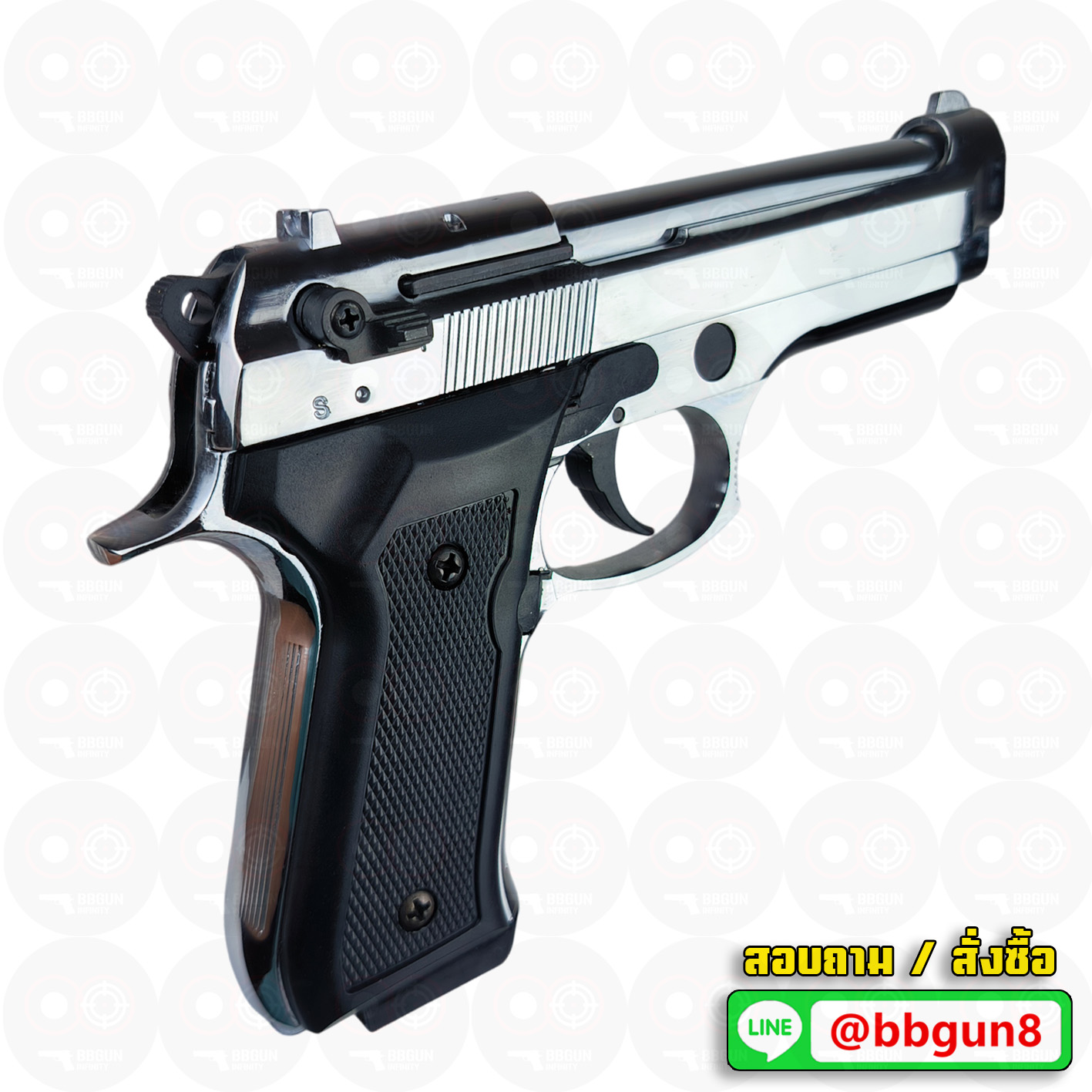 แบลงค์กัน BLOW F92 AUTO SHINY CHROME สีเงินเงา Blank Gun ( 2 แม็กกาซีน + กล่องปืน )