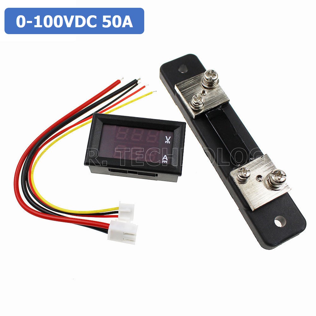 (1ชิ้น) NC070 หน้าจอวัดแรงดันและกระแส โวลล์-แอมป์มิเตอร์ 0.56" 100V 50A Dual LED Voltmeter Ammeter Blue+Red