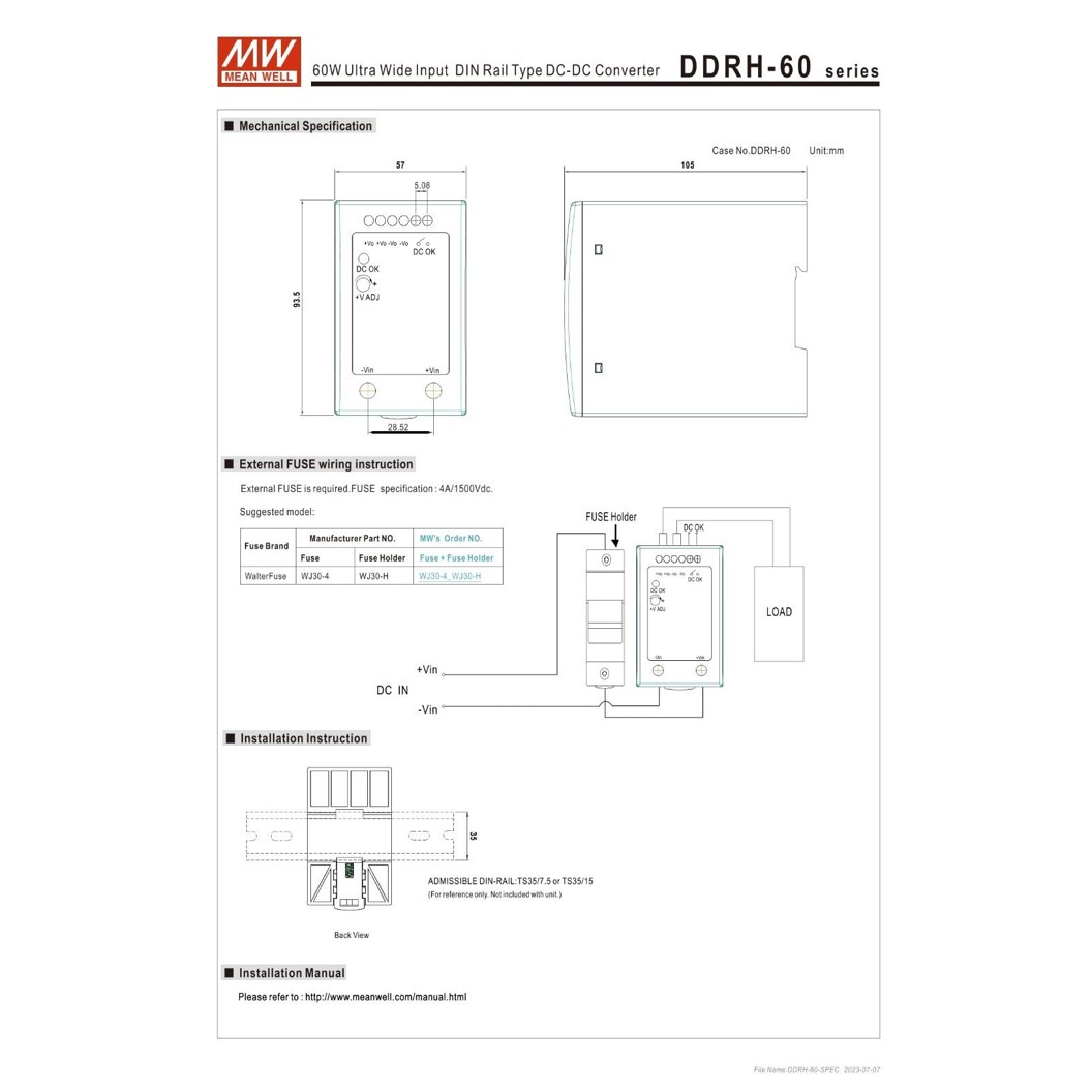 (1ชิ้น) MEAN WELL DDRH-60-24 24VDC 60W Ultra Wide Input DIN Rail Type DC-DC Converter (Input 150-1500V, Output 24V 2.5A) ตัวลดแรงดันไฟฟ้า ตัวแปลงแรงดันไฟฟ้า