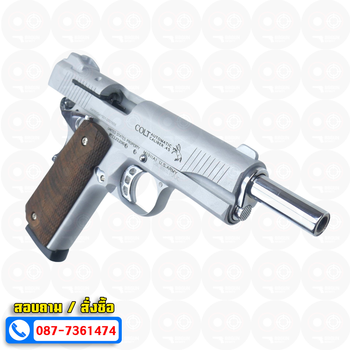 แบลงค์กัน KUZEY M1911 COLT'S DEFENDER SERIES 90 สีเงินด้าน 5 นิ้ว ด้ามไม้ Blank Gun