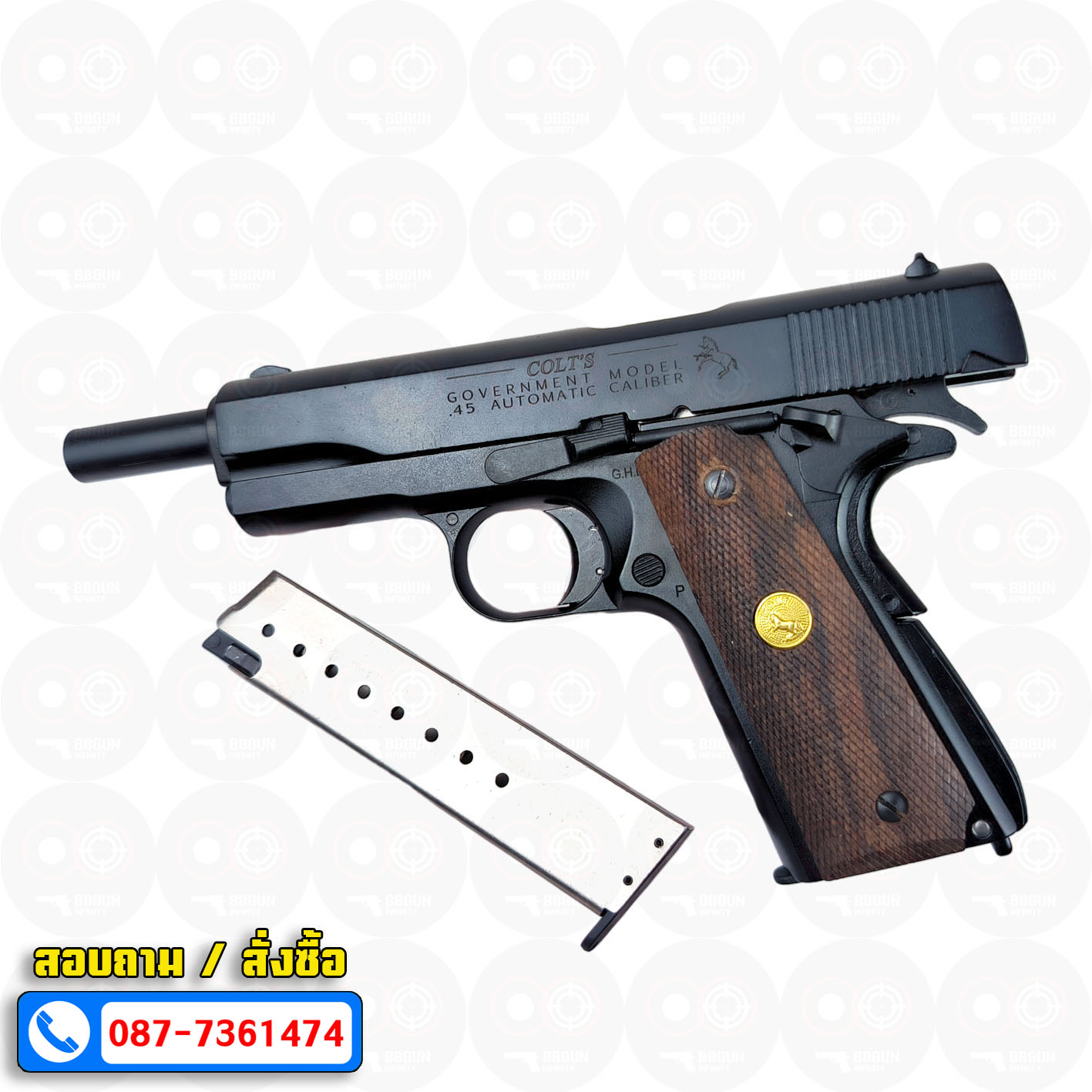 แบลงค์กัน AKSA Colt's Government Model .45 Automatic Caliber 100 Years สีดำ กริปไม้ (2 แม็กกาซีน) BLANK GUN