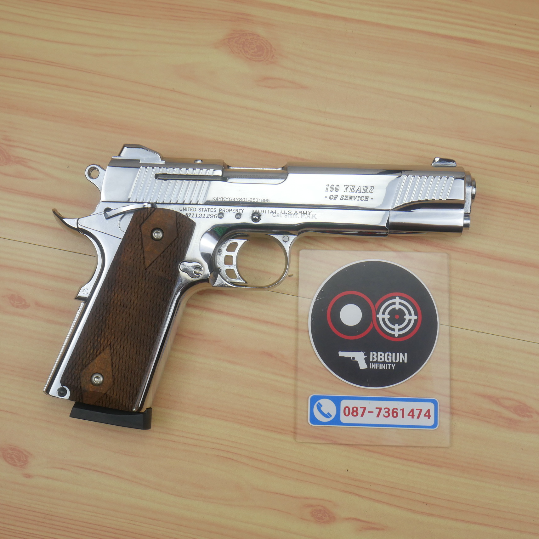 แบลงค์กัน KUZEY M1911 COLT GOVERMENT 100 Year เงินเงา 5 นิ้ว ด้ามไม้ blank gun