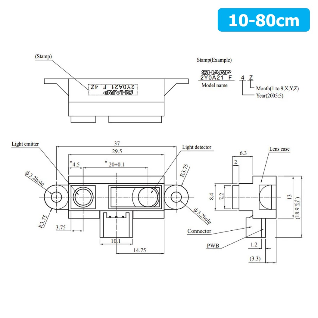 AB064 เซนเซอร์วัดระยะทาง GP2Y0A21YK0F 10-80cm IR Distance Sensor + Cable โมดูลวัดระยะทาง Infrared Sensor