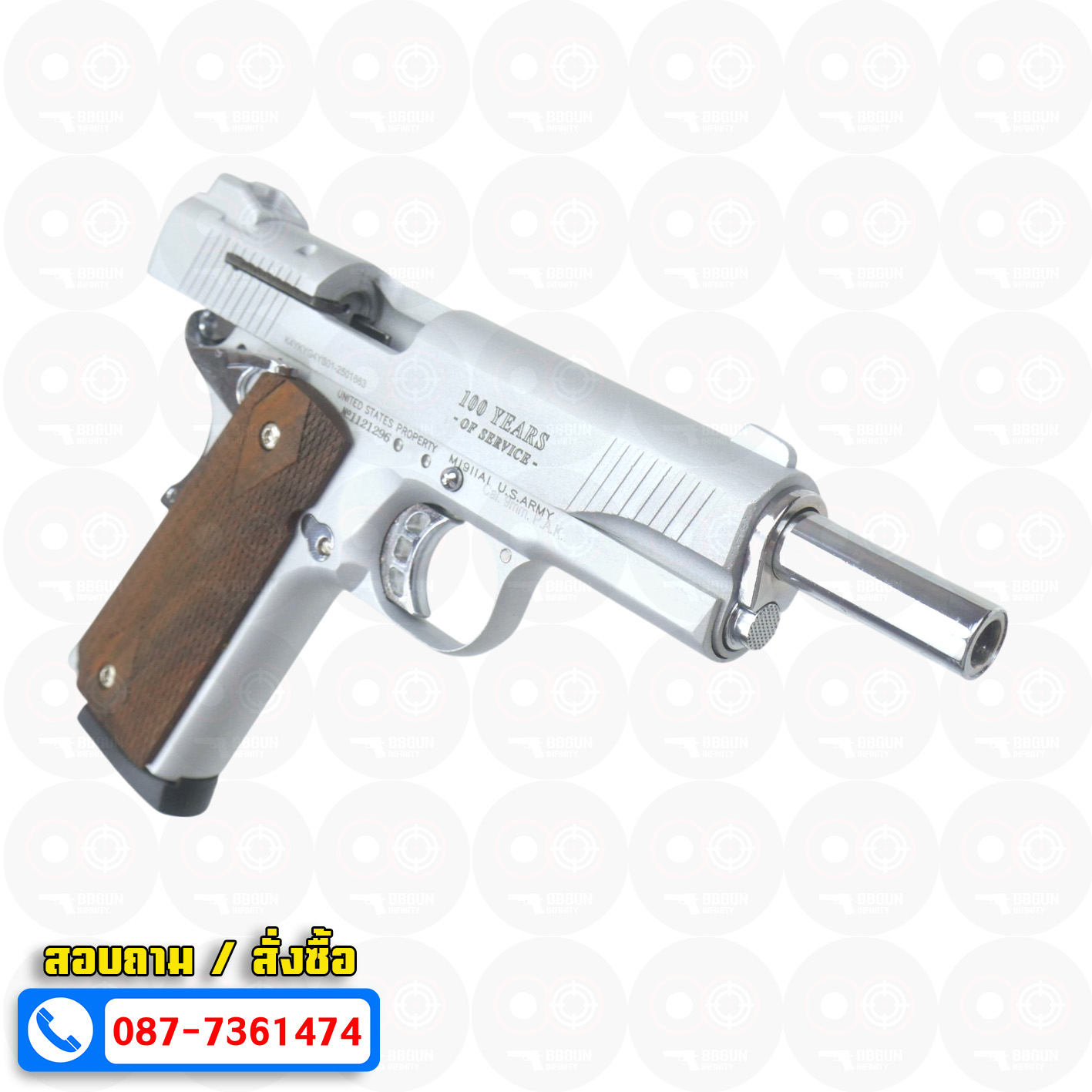 แบลงค์กัน KUZEY M1911 COLT'S 100 ปี สีเงินด้าน 5 นิ้ว ด้ามไม้ blank gun