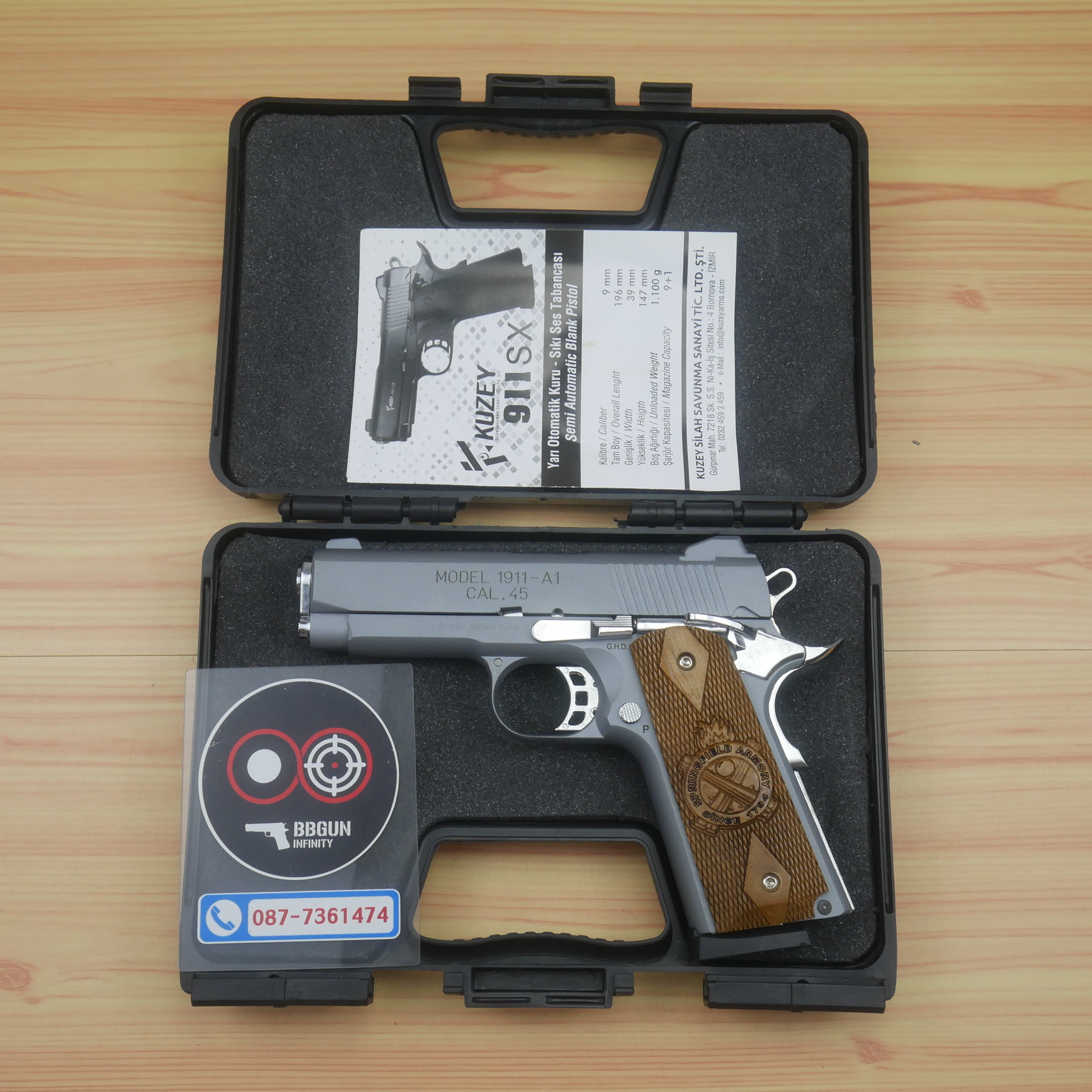 แบลงค์กัน KUZEY M1911-A1 ลำกล้อง 4 นิ้ว SPRINGFIELD ARMORY สีสโมค blank gun ด้ามไม้