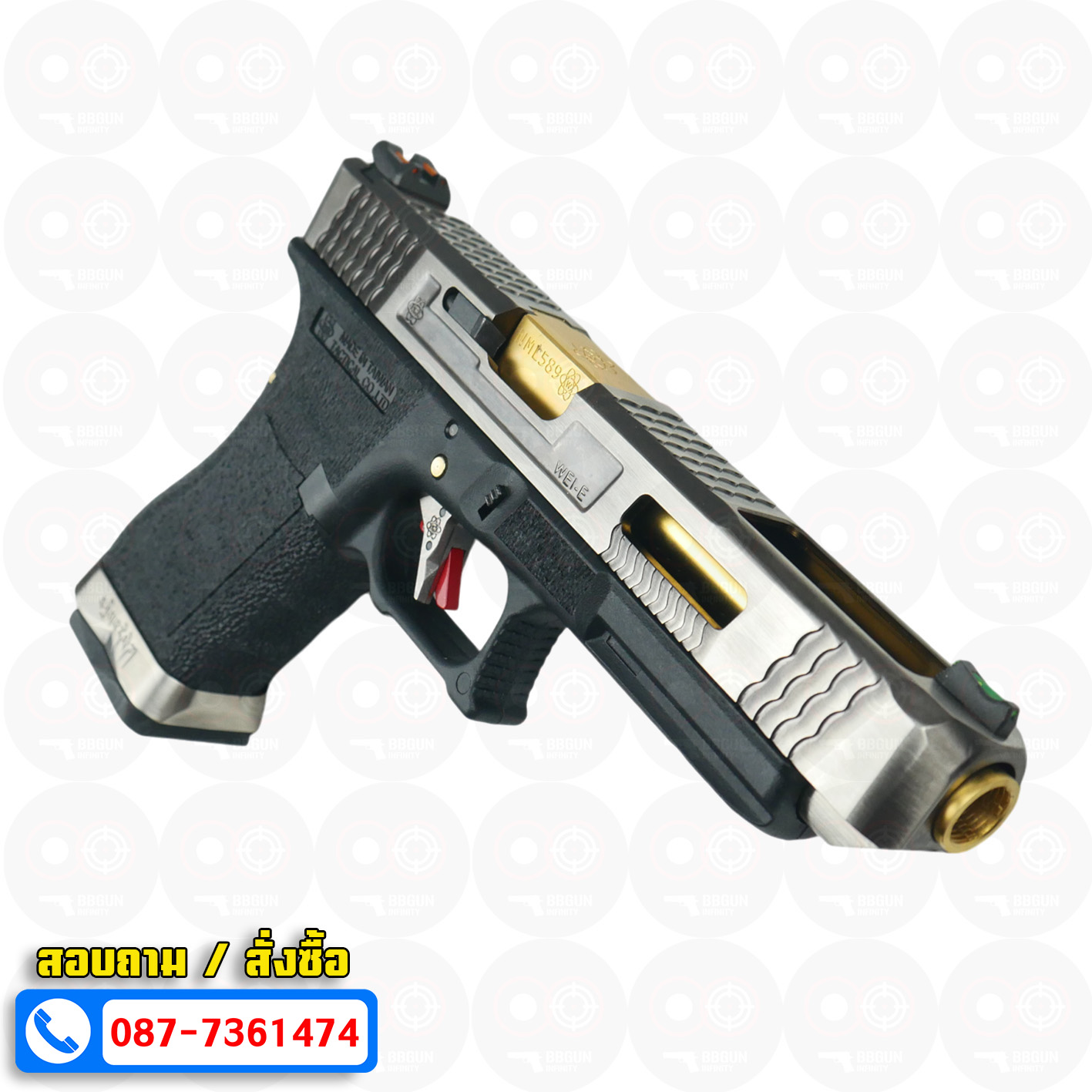บีบีกันอัดแก๊ส WE G34 T3 G-Force GBB Glock 34 เฟรมดำ สไลด์เงิน ท่อทอง BB GUN