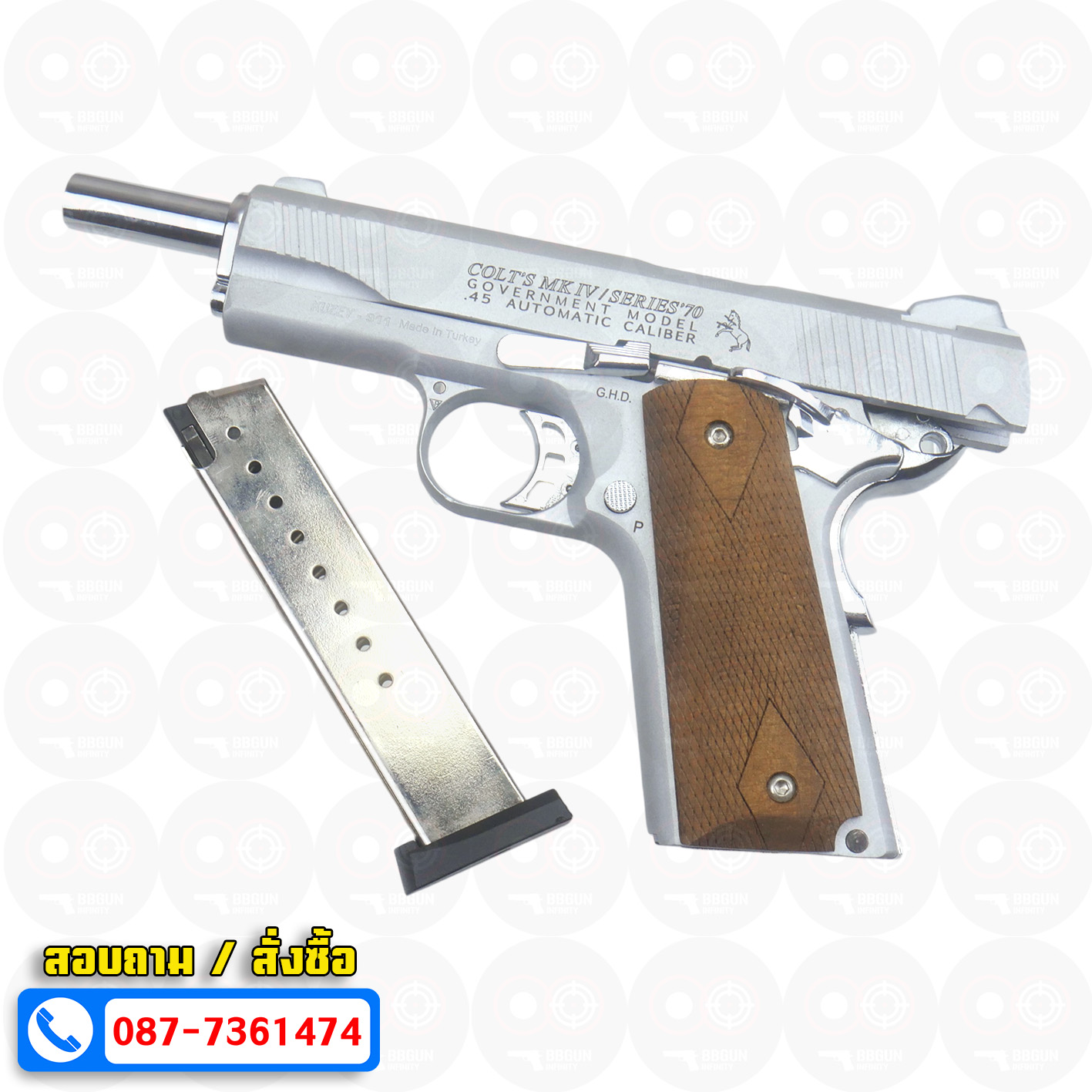 แบลงค์กัน KUZEY M1911 COLT MK IV SR70 สีเงินด้าน 5 นิ้ว ด้ามไม้ blank gun