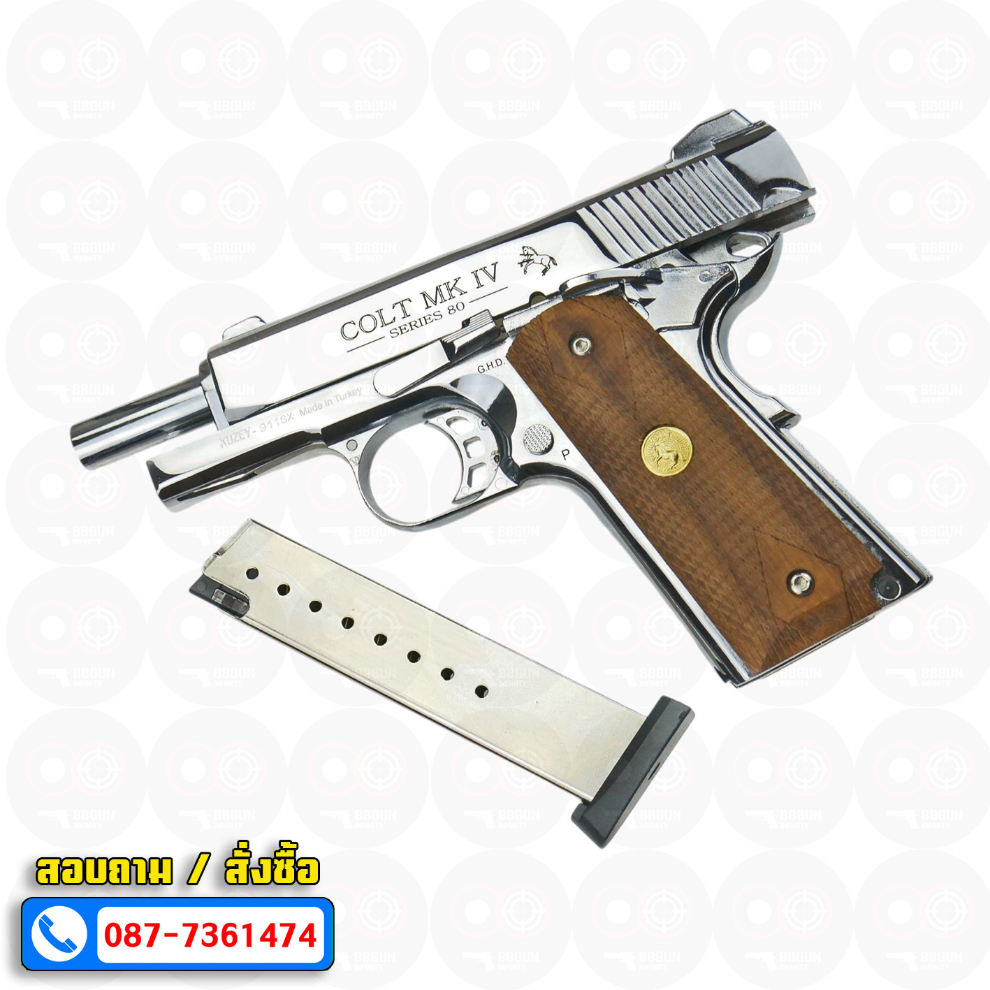 Blank Gun KUZEY M1911 COLT MK IV SERIES 80 ลำกล้อง 4 นิ้ว เงินเงา แบลงค์กัน ด้ามไม้ (แถมกล่องใส่ปืน)