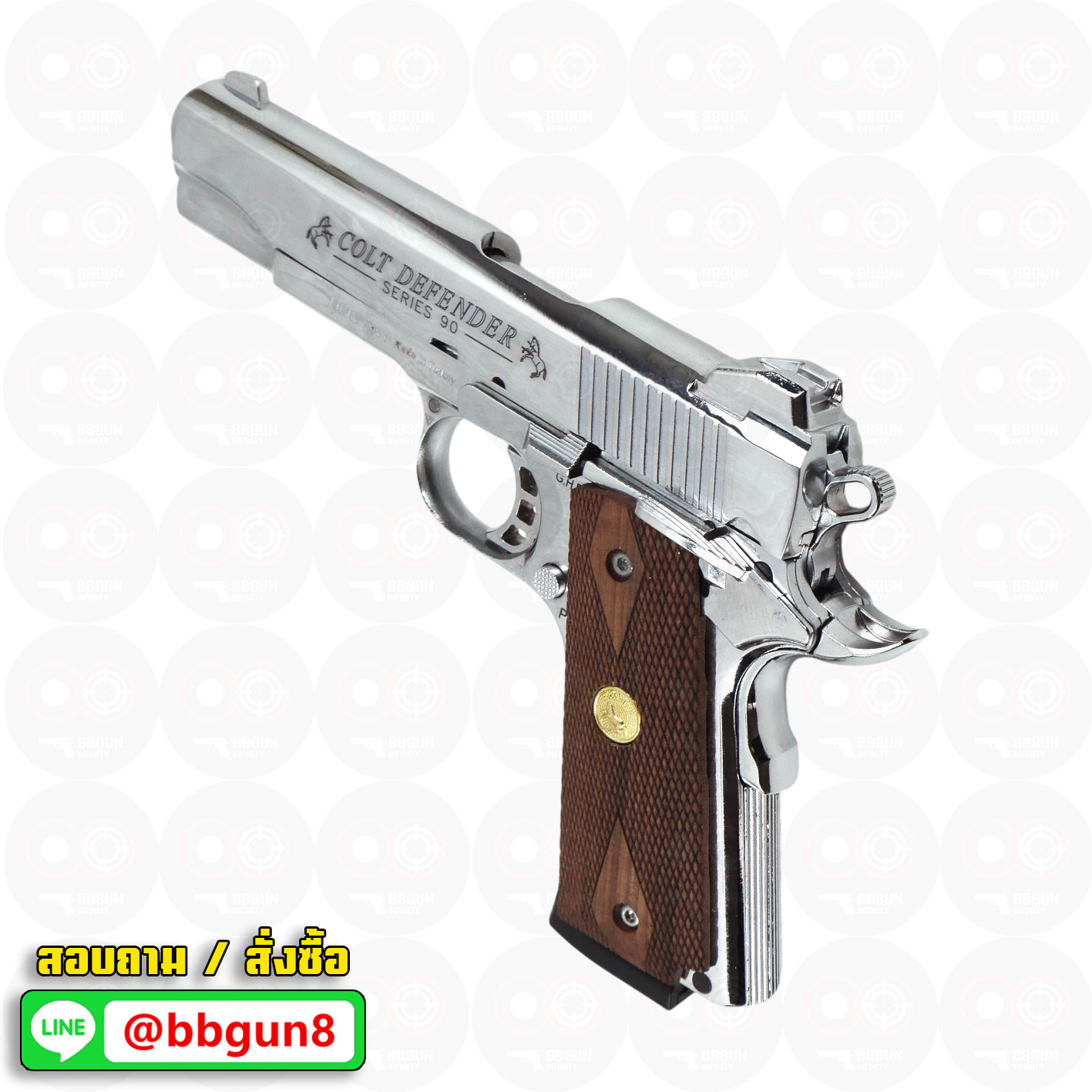 Blank Gun KUZEY M1911 COLT'S DEFENDER SERIES 90 ลำกล้อง 5 นิ้ว เงินเงา แบลงค์กัน ด้ามไม้