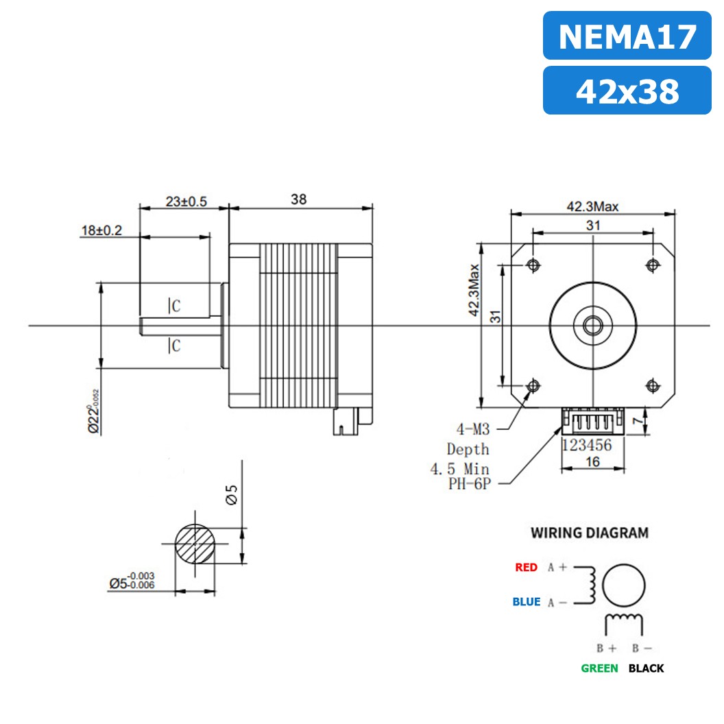 NEMA17 42x38 สเต็ปเปอร์มอเตอร์ พร้อมสาย Stepper Motor NEMA17 with cable 1000mm สเต็ปปิ้งมอเตอร์ Stepping Motor สเตปมอเตอร์ Step motor