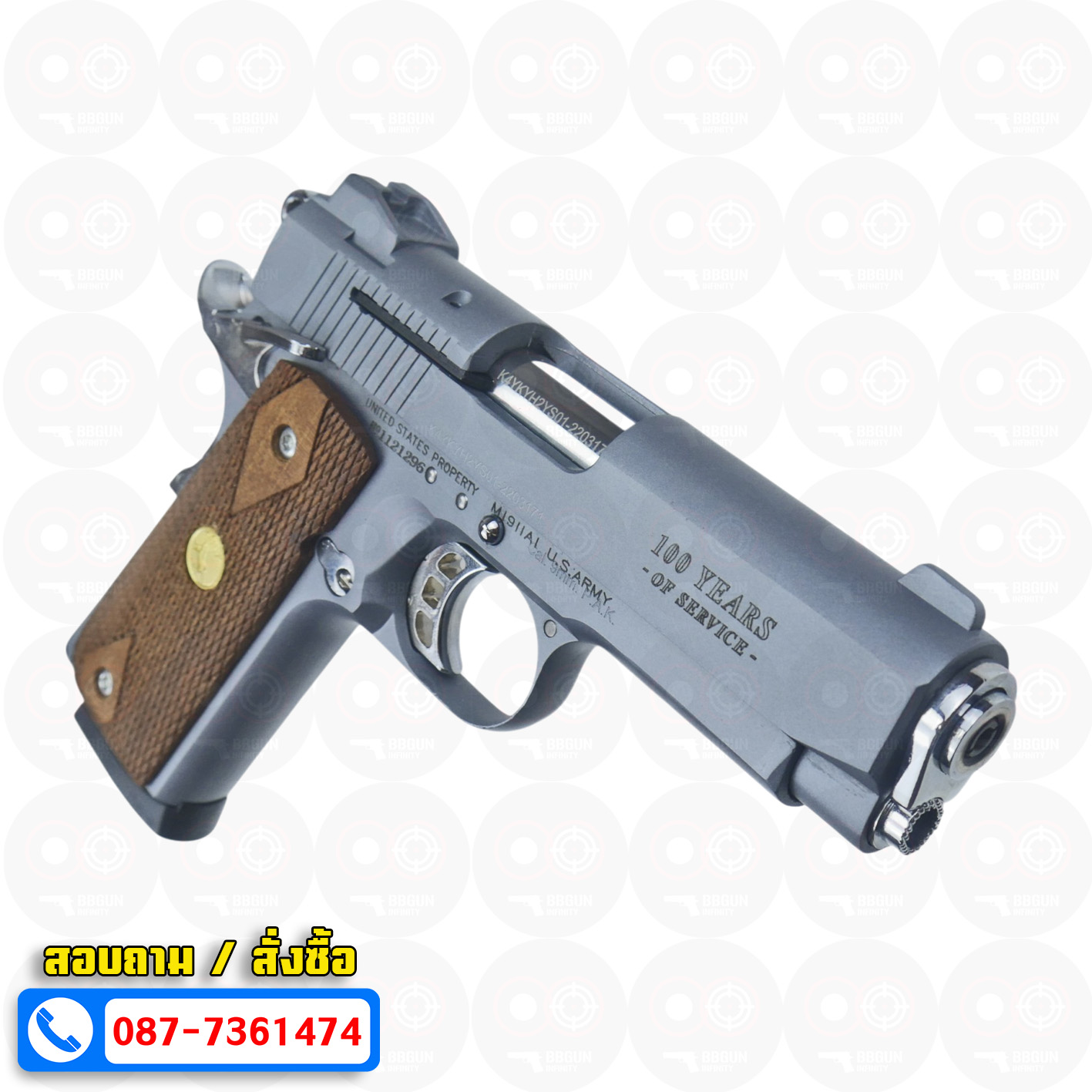 แบลงค์กัน KUZEY M1911 COLT GOVERMENT 100 Year Smoke 4 นิ้ว สีสโมค blank gun ด้ามไม้