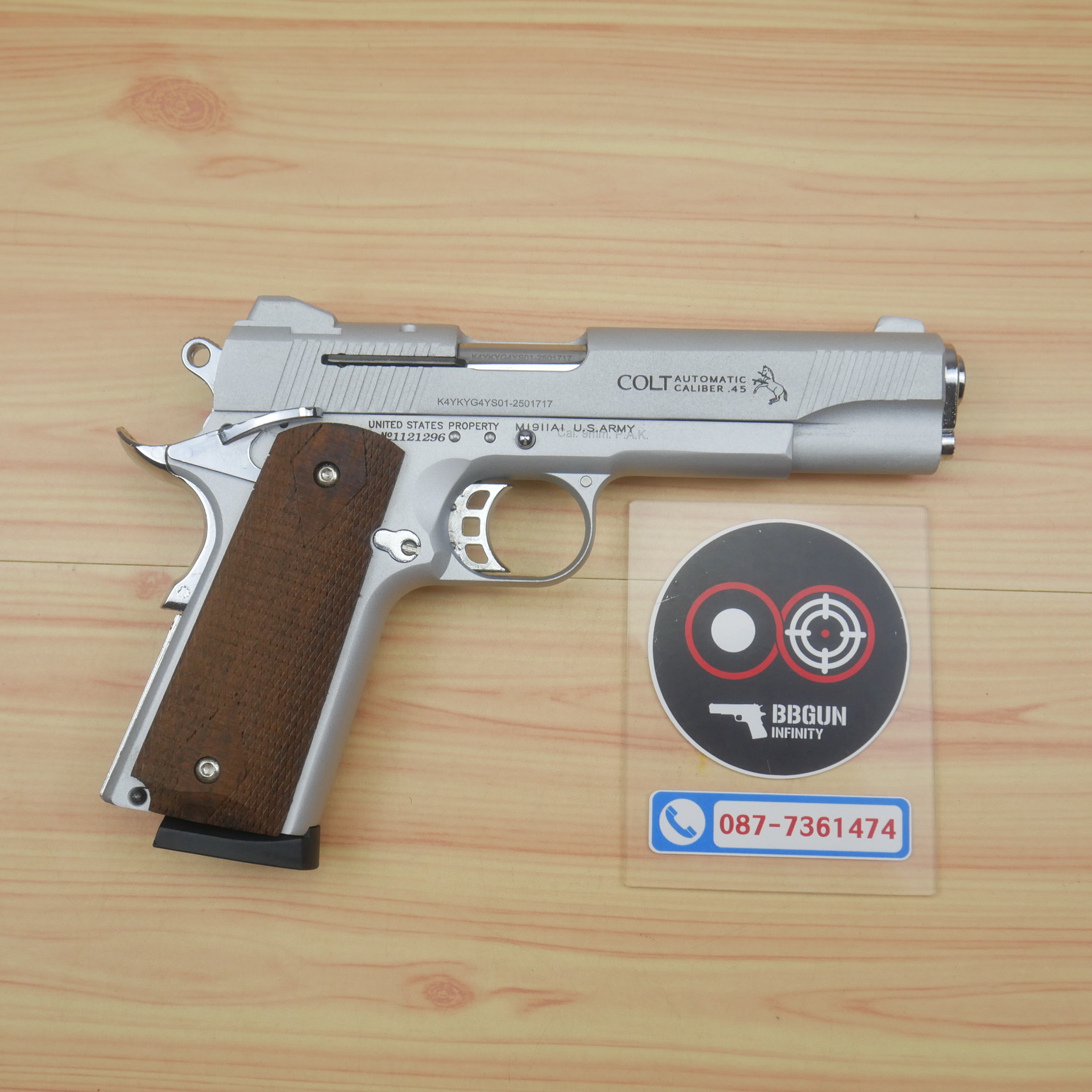แบลงค์กัน KUZEY M1911 COLT'S DEFENDER SERIES 90 สีเงินด้าน 5 นิ้ว ด้ามไม้ Blank Gun
