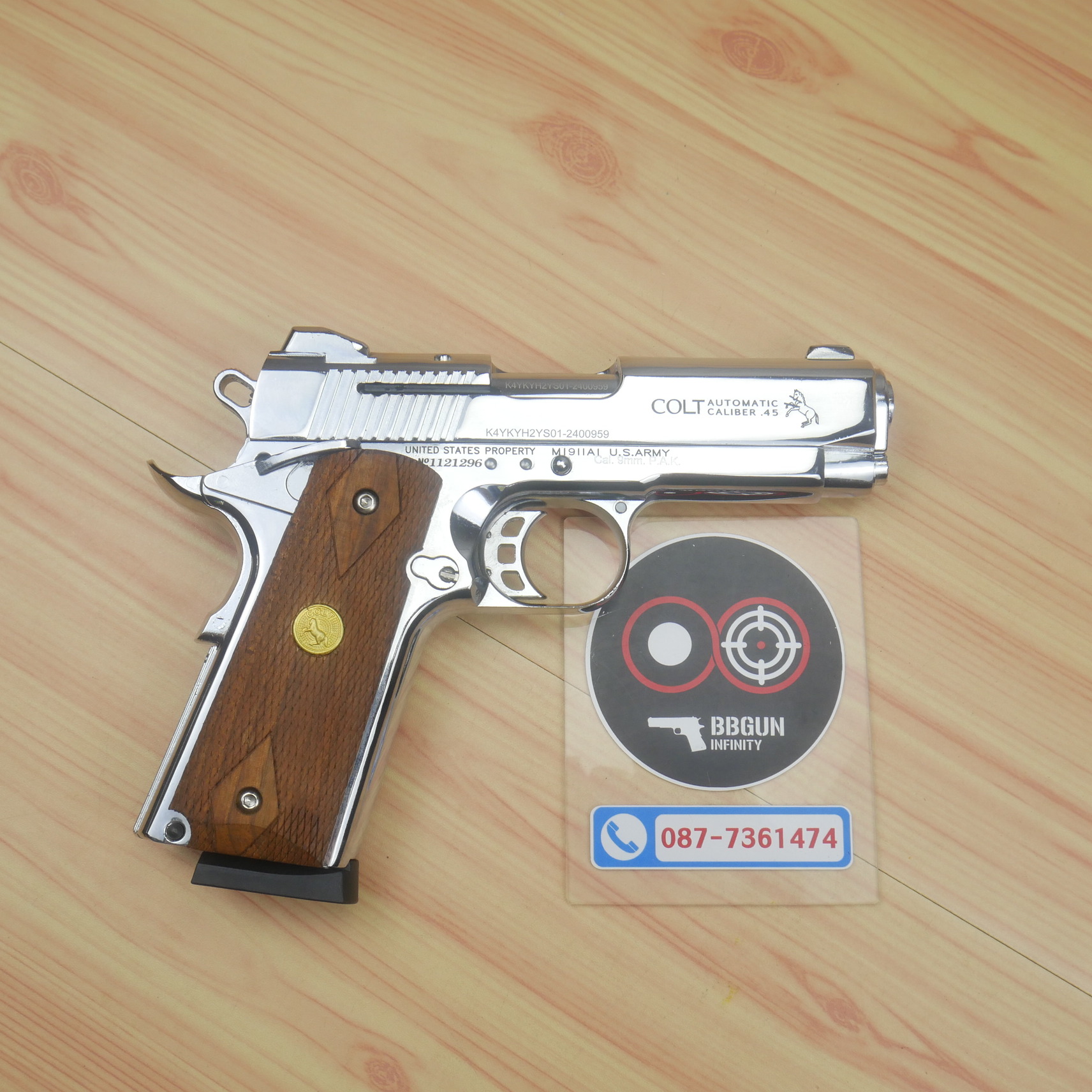 Blank Gun KUZEY M1911 COLT'S DEFENDER SERIES 90 ลำกล้อง 4 นิ้ว เงินเงา แบลงค์กัน ด้ามไม้ (แถมกล่องใส่ปืน)