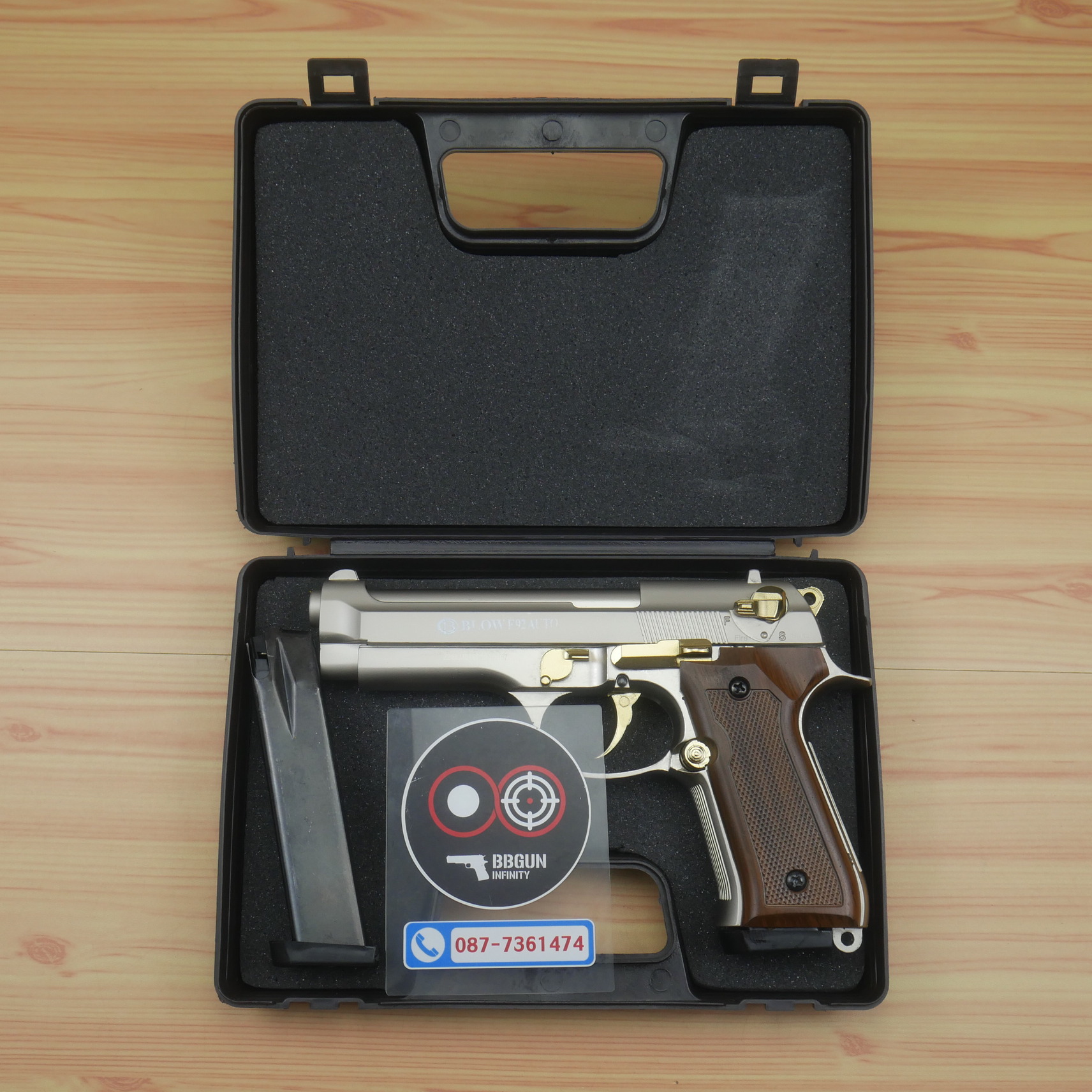 แบลงค์กัน BLOW F92 AUTO SATINA GOLDEN PARTS WOODEN GRIPS สีซาติน ไกทอง ด้ามลายไม้ Blank Gun ( 2 แม็กกาซีน + กล่องปืน )