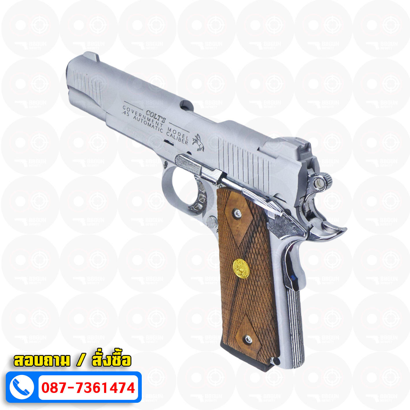 แบลงค์กัน KUZEY M1911 ลำกล้อง 5 นิ้ว COLT GOVERMENT 100 Year สีเงินด้าน blank gun ด้ามไม้ (แถมกล่องใส่ปืน)