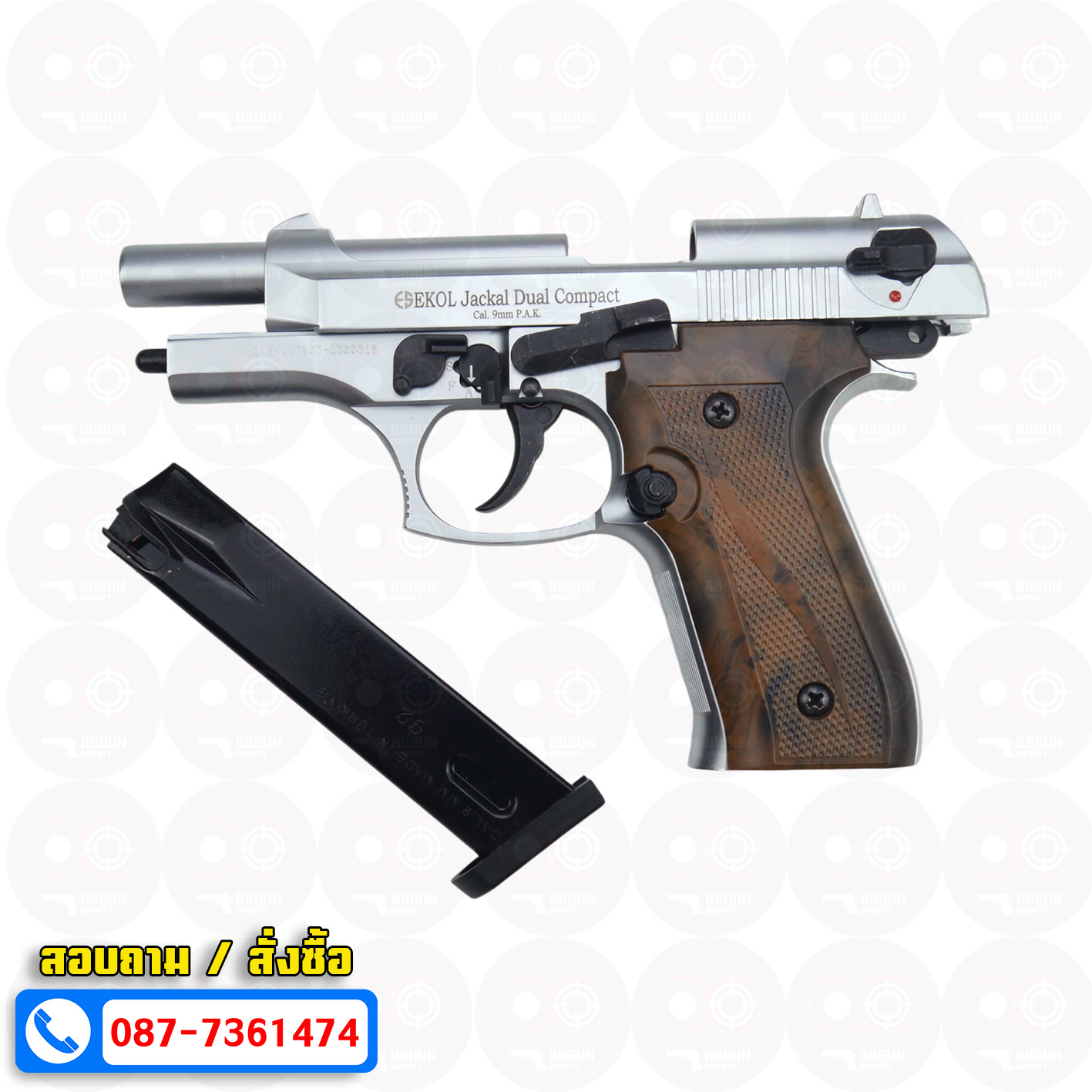 EKOL Jackal Dual Compact M92 4" (Full Auto) สีเงินด้าน แบลงค์กันบาเร็ตต้า 9 mm.P.A.K. (ฟูลออโต้) (แถมกล่องใส่ปืน แม็กกาซีน 2 อัน) blank gun