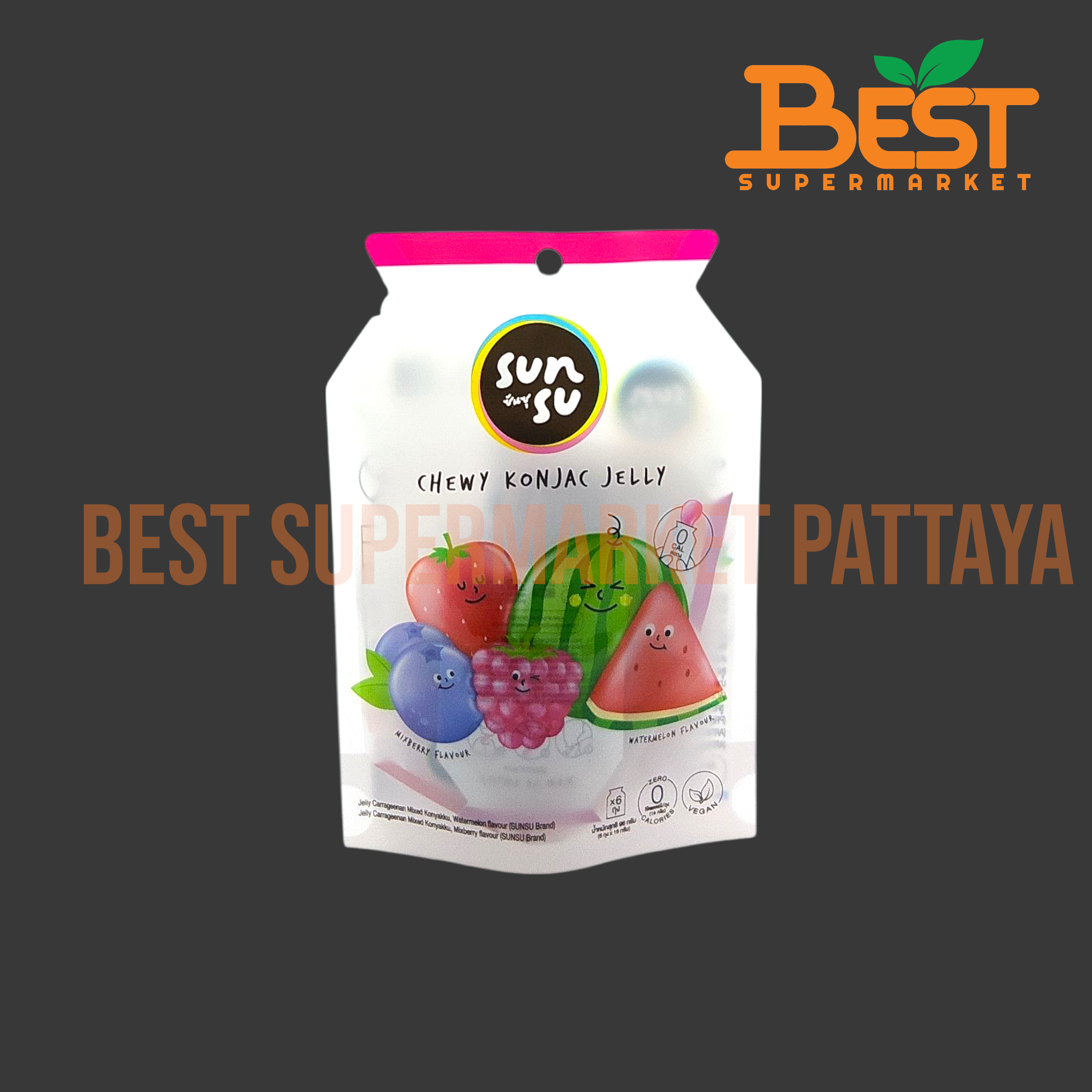 ซันซุ เยลลี่บุกผสมคาราจีแนน กลิ่นแตงโมและมิกซ์เบอร์รี่ 96 กรัม.SunSu Chewy Konjac & Carrageenan Jelly – Watermelon & Mixed Berry Flavor (Net Wt. 96 g)