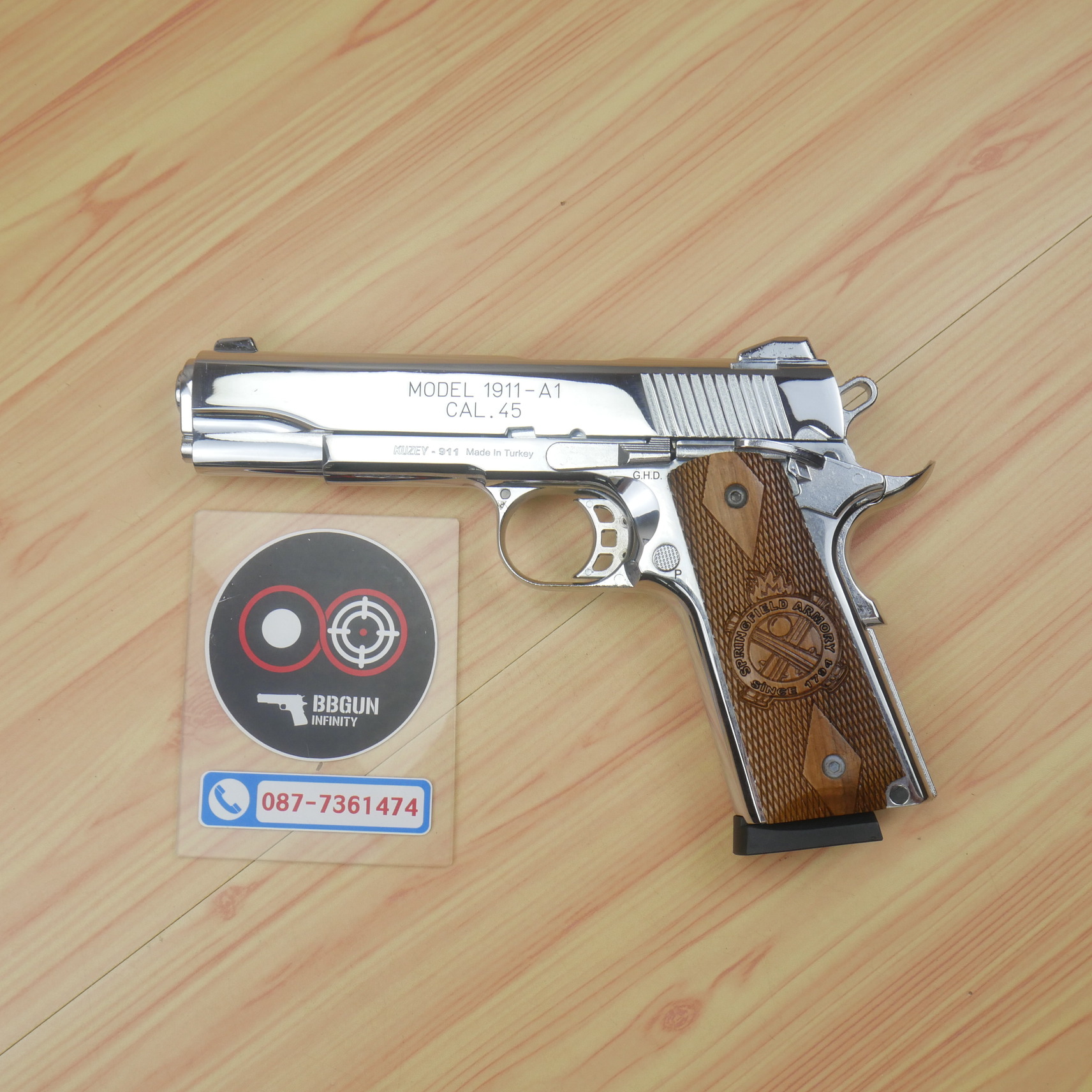 แบลงค์กัน KUZEY M1911-A1 ลำกล้อง 5 นิ้ว SPRINGFIELD ARMORY สีเงินเงา blank gun ด้ามไม้
