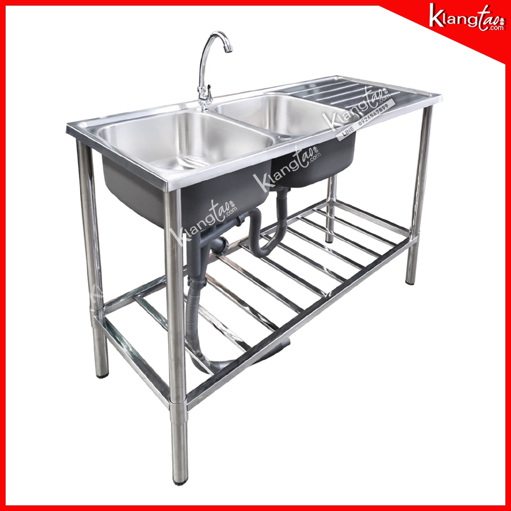 Dyna home อ่างล้างจาน ซิงค์ล้างจาน รุ่น DH-1250-A สแตนเลสทั้งตัว 120x50x75 ซม. แบบ 2 หลุม ชั้นวางด้านล่าง 1 ชั้น ฟรีก๊อก